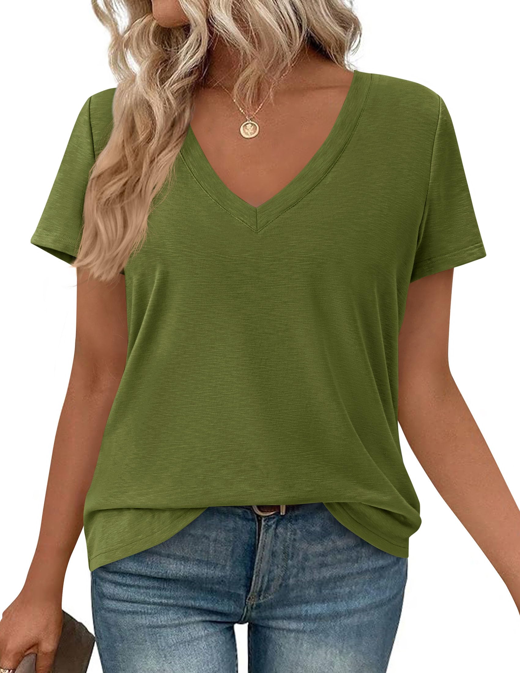PRETTYGARDEN Womens Tops Short Sleeve Oversized Tshirts Shirts Summer Casual V Neck Loose Basic Tees Spring Tunic Blouse