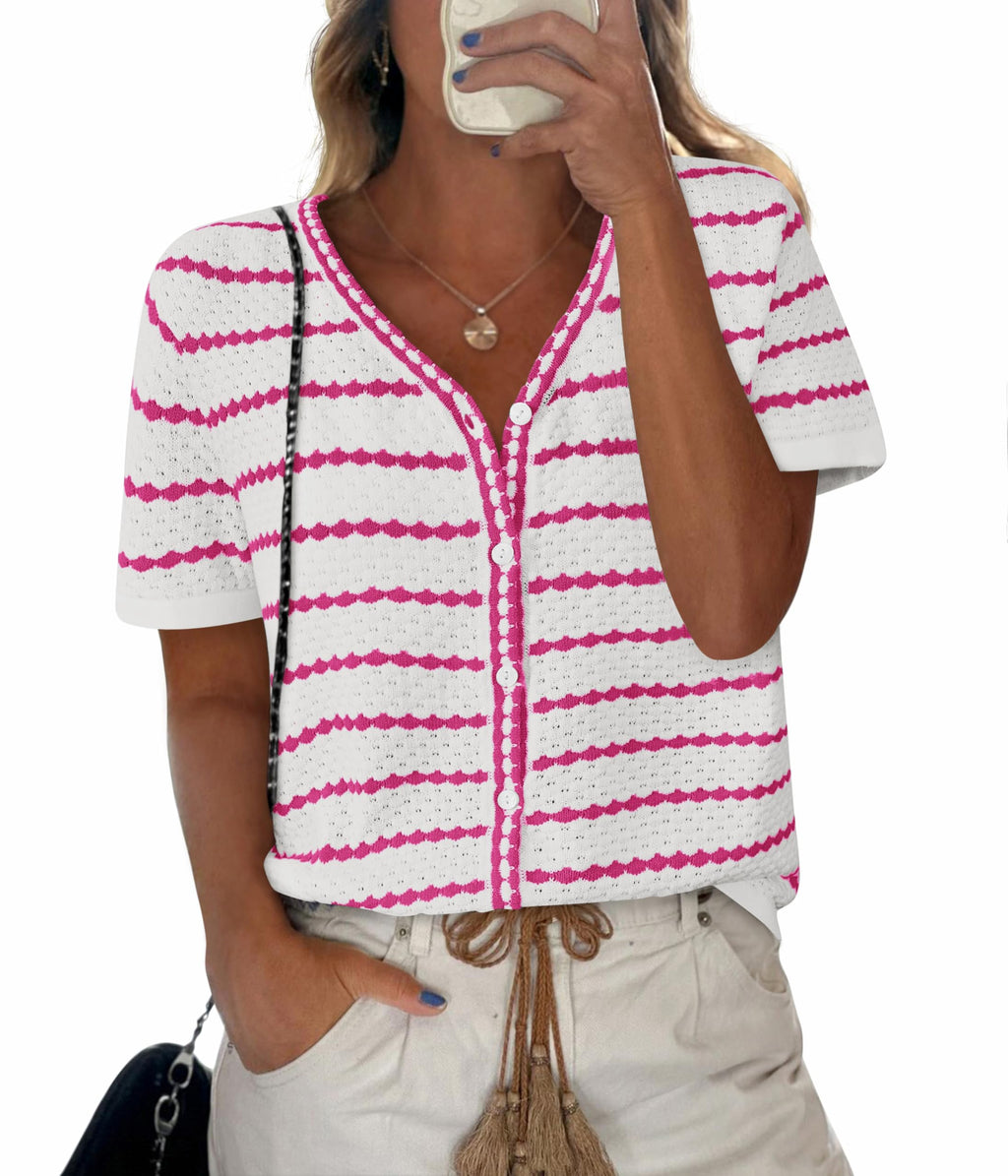 FreshPretty Women's Short Sleeve Sweater Spring Summer Crochet Knit Tops V Neck Striped Button Down Dressy Casual Blouses