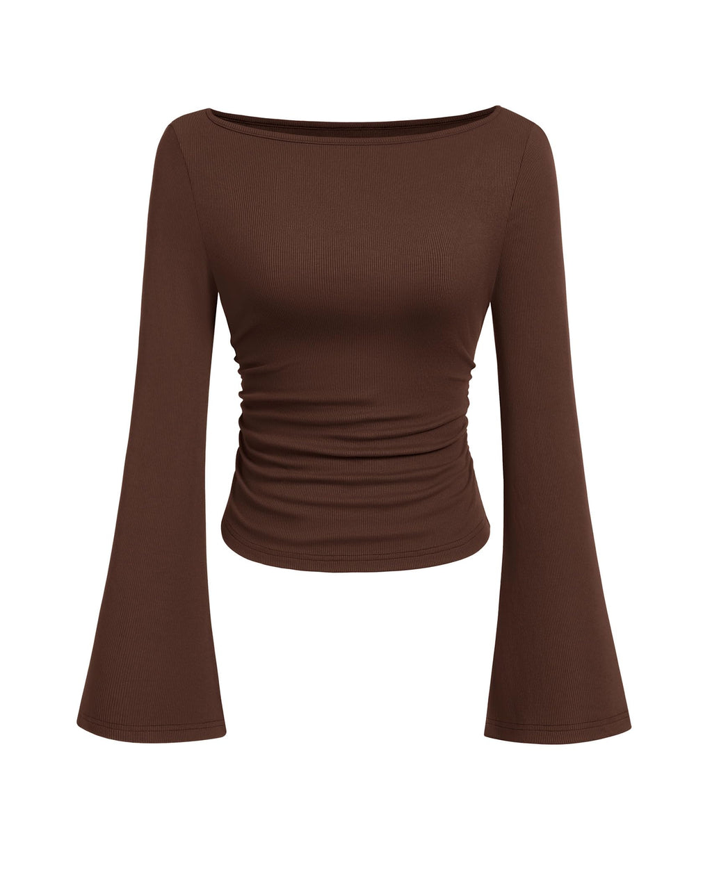 PRETTYGARDEN Women's Long Sleeve Shirts Fall Crop Going Out Tops Casual Boat Neck Bell Sleeve Ribbed Ruched Y2K Clothes