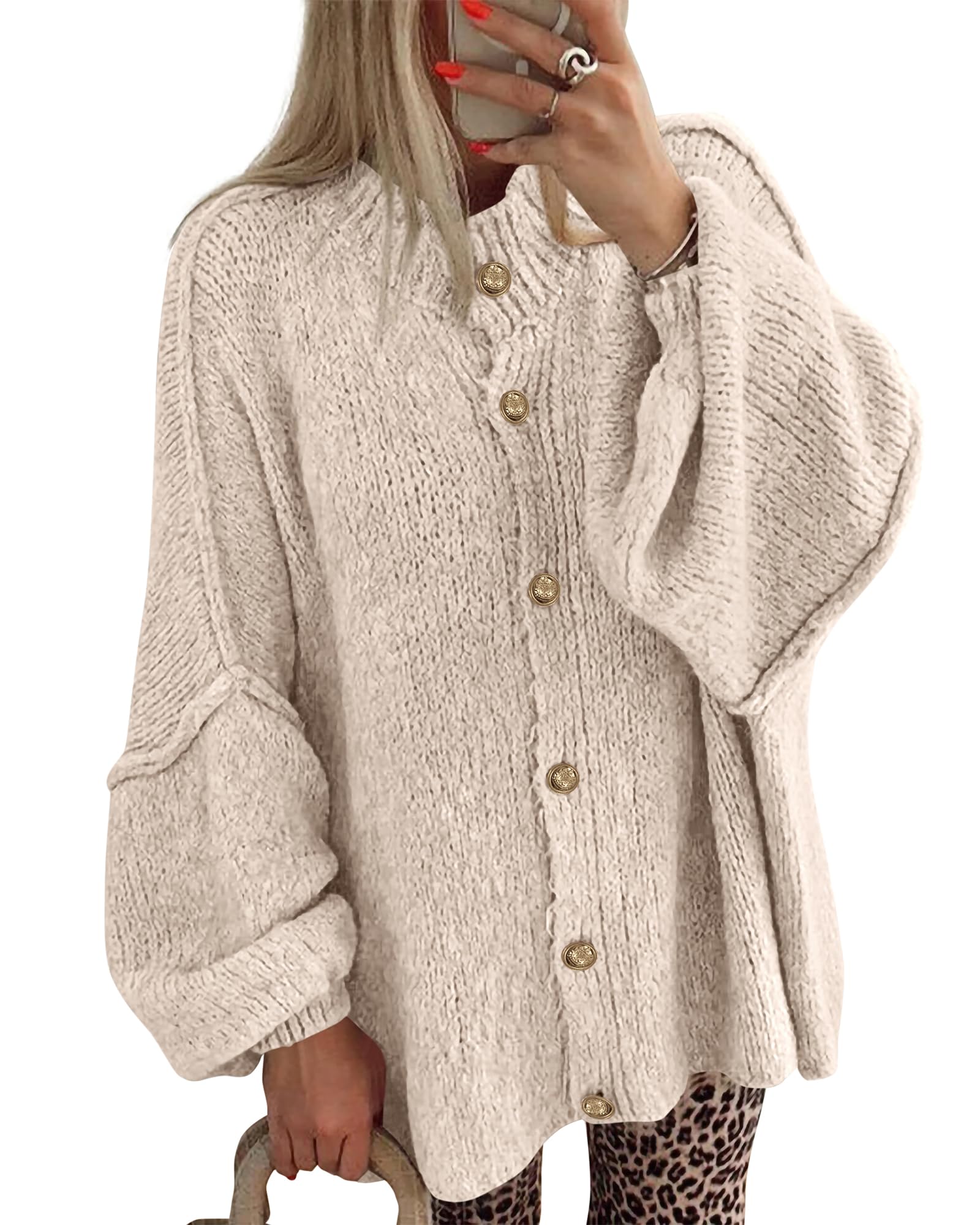 BTFBM Cardigan Sweaters for Women Fall Clothes Lantern Long Sleeve Button Open Front Chunky Knit Oversized Sweater