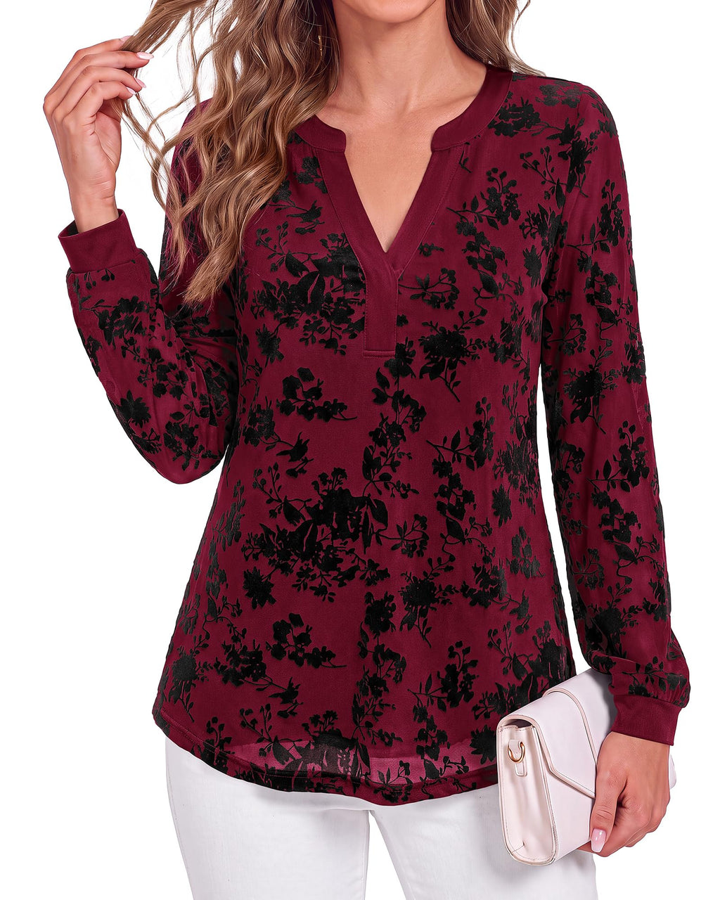 BTFBM Womens Tops Floral Sheer Mesh Long Sleeve Blouses Dressy Casual V Neck Flocked Mesh Shirts,Velvet-Like Flowers,Double Layered,Loose Fit Tunics,Business Casual Top,Fall Fashion Clothing