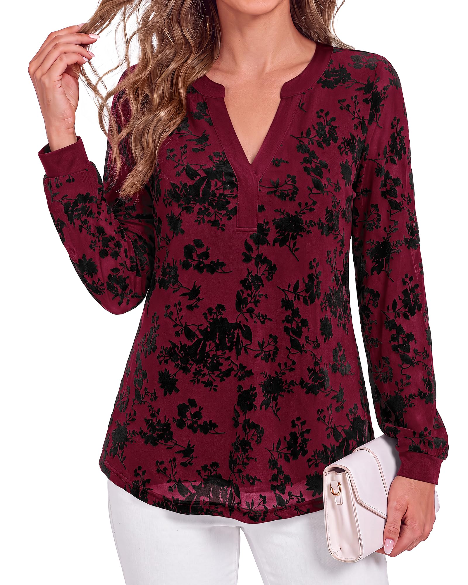 BTFBM Womens Tops Floral Sheer Mesh Long Sleeve Blouses Dressy Casual V Neck Flocked Mesh Shirts,Velvet-Like Flowers,Double Layered,Loose Fit Tunics,Business Casual Top,Fall Fashion Clothing