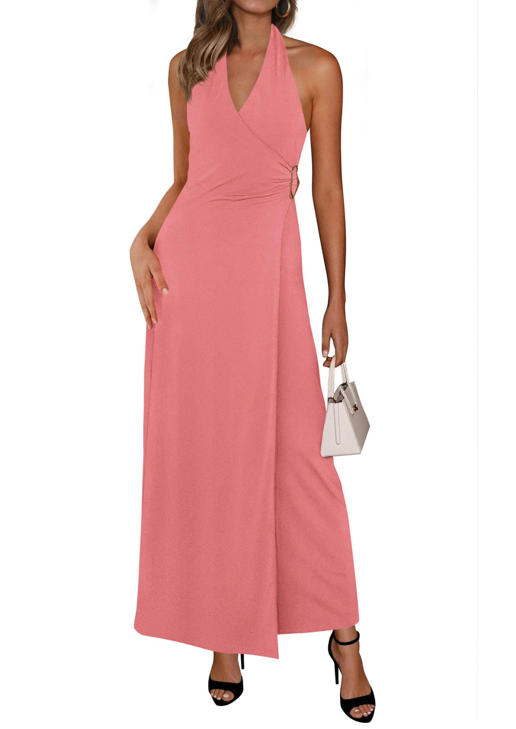 PRETTYGARDEN Holiday Cocktail Dresses for Women Summer Elegant V Neck Halter Backless Wedding Guest Party Midi Dress