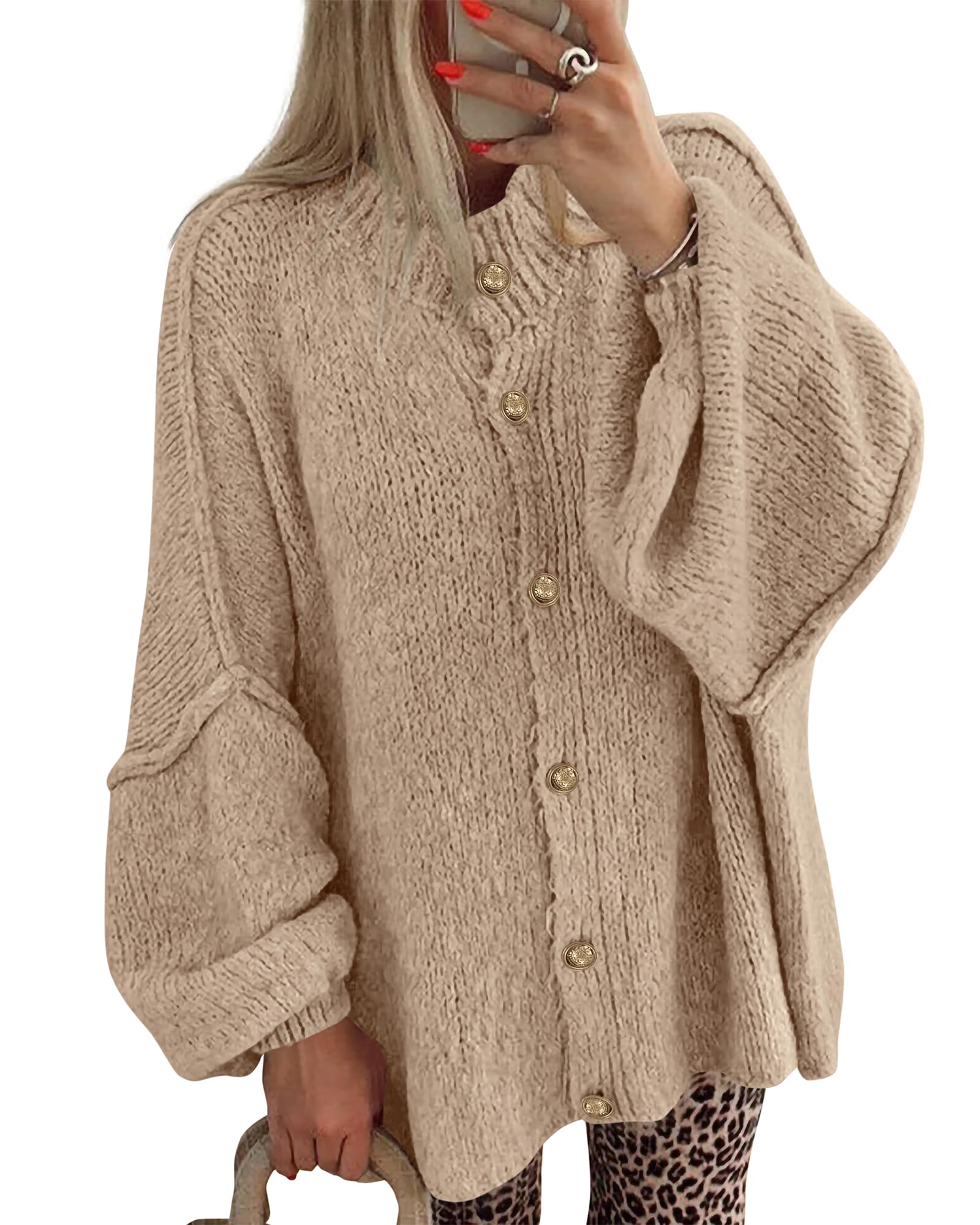 BTFBM Cardigan Sweaters for Women Fall Clothes Lantern Long Sleeve Button Open Front Chunky Knit Oversized Sweater