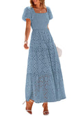 PRETTYGARDEN Summer Dresses for Women Eyelet Square Neck Puff Sleeve Smocked Wedding Guest Maxi Dress with Pockets