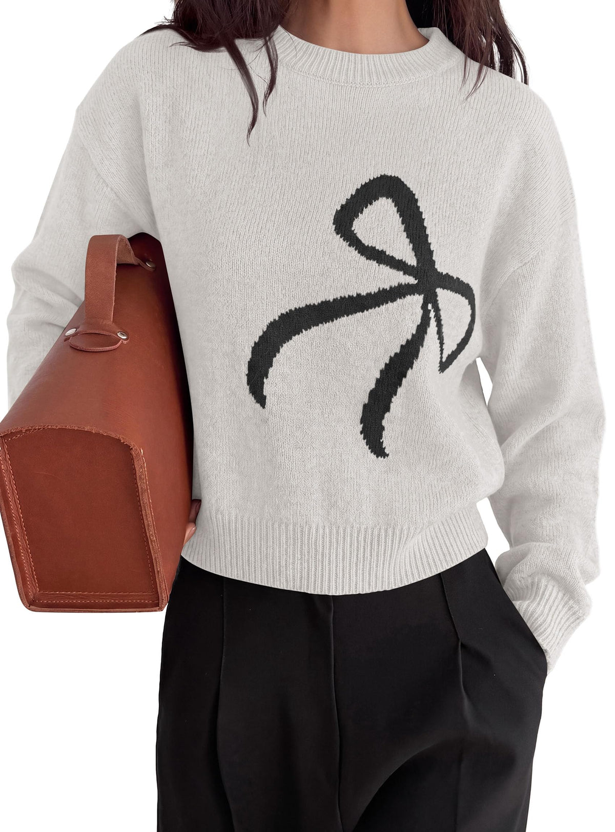 PRETTYGARDEN Womens Bow Sweater Cute Crewneck Long Sleeve Tops Fall Soft Cozy Knit Pullover,Relaxed Fit,Holiday Sweaters,Daily Wear,Work Office,Casual Going Out Y2k Tops,Winter Fashion Clothing