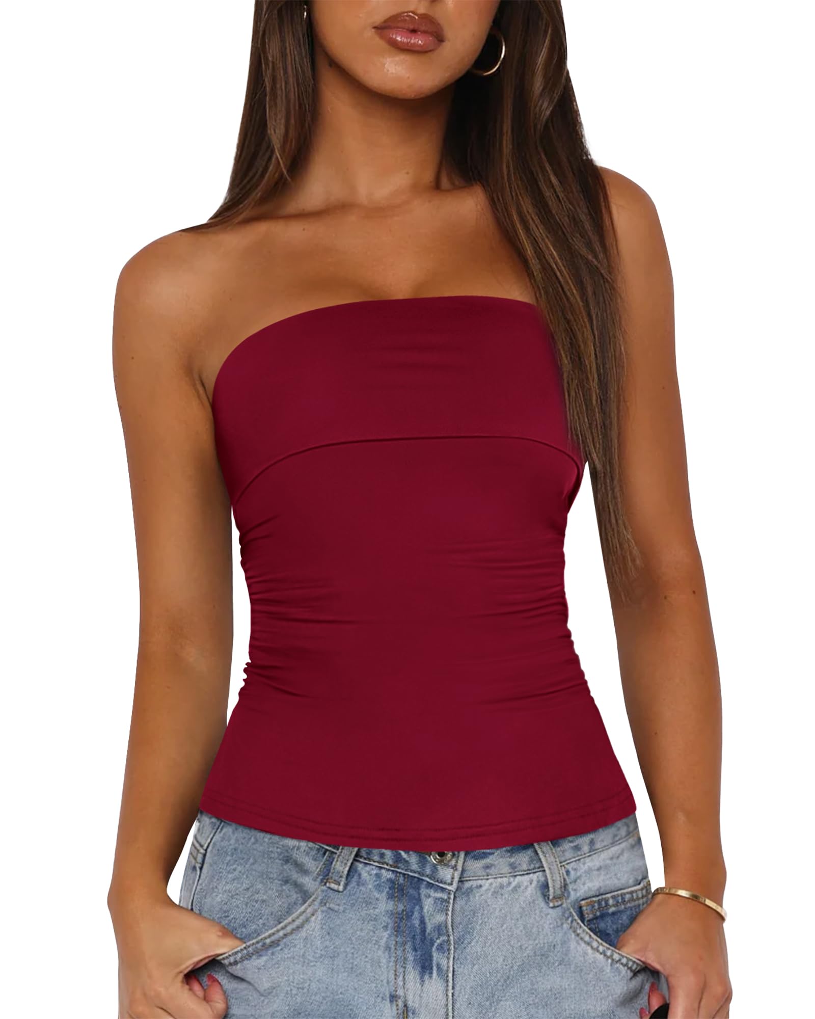 FreshPretty Womens Strapless Tube Tops Spring Summer Clothes Trendy Casual Ruched Stretchy Going Out Bodycon Bandeau Top