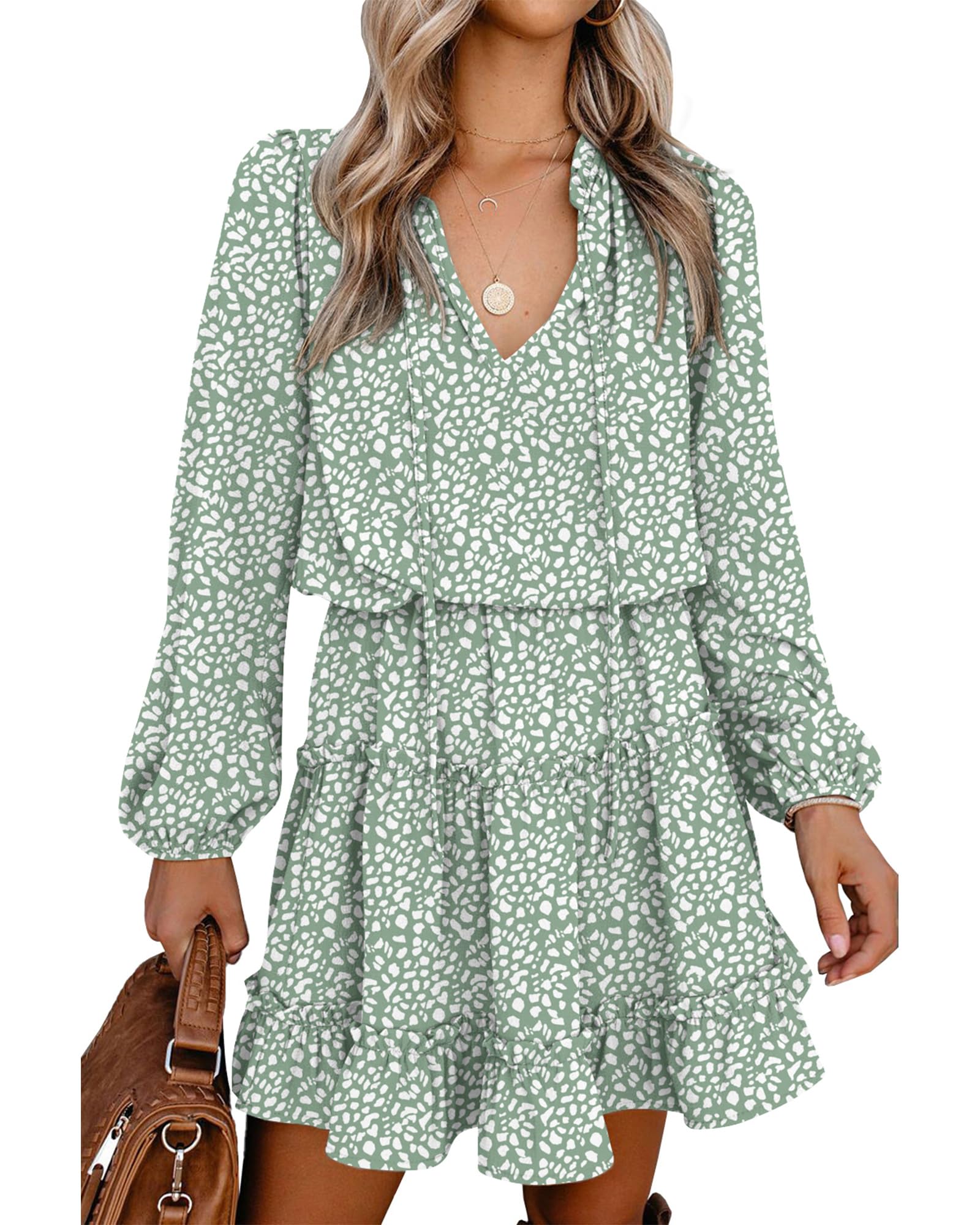 FreshPretty Long Sleeve Fall Dresses for Women Summer Casual Tie Neck Ruffle Tiered A Line Wedding Guest Short Mini Dress