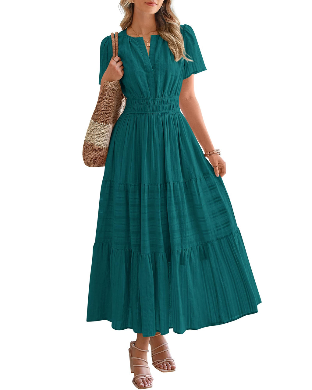 BTFBM Womens Summer Casual Midi Maxi Dresses Lightweight Short Sleeve V Neck Elastic Waist Boho Beach Dress Pockets