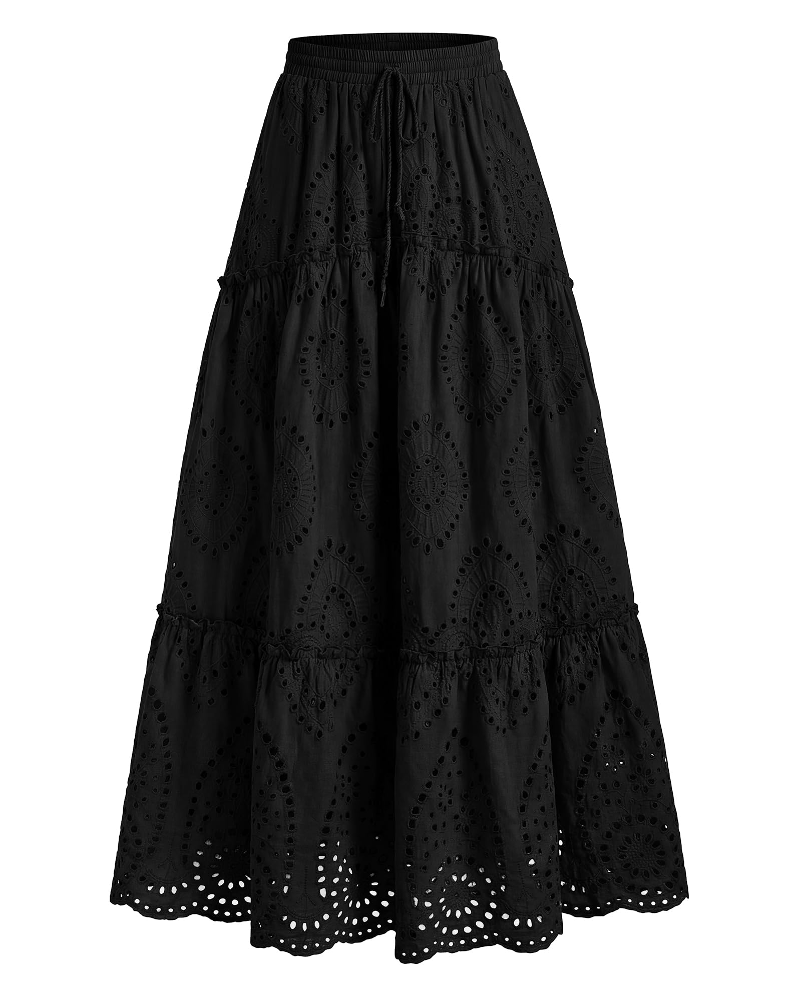 BTFBM Long Skirts for Women Summer Boho Lace Embroidery High Waist Flowy Tiered Spring Maxi Skirt Beach Vacation