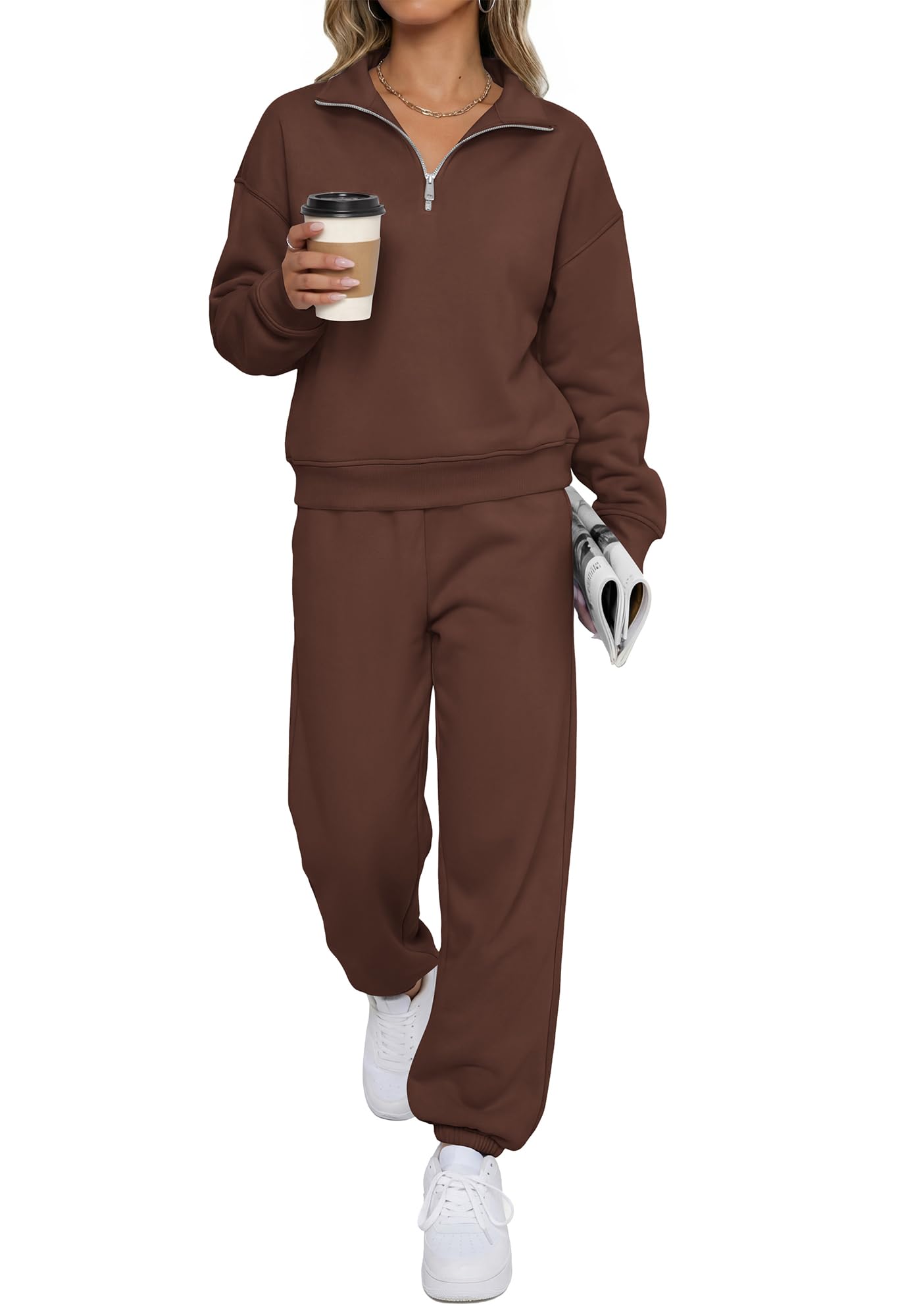 BTFBM Womens 2 Piece Outfits Sweatsuit Fleece Lounge Sets Quarter Zip Pullover Sweatshirt,Baggy Jogger Sweatpants,Fall Fashion Clothing,Airport Travel Matching Sweat Set