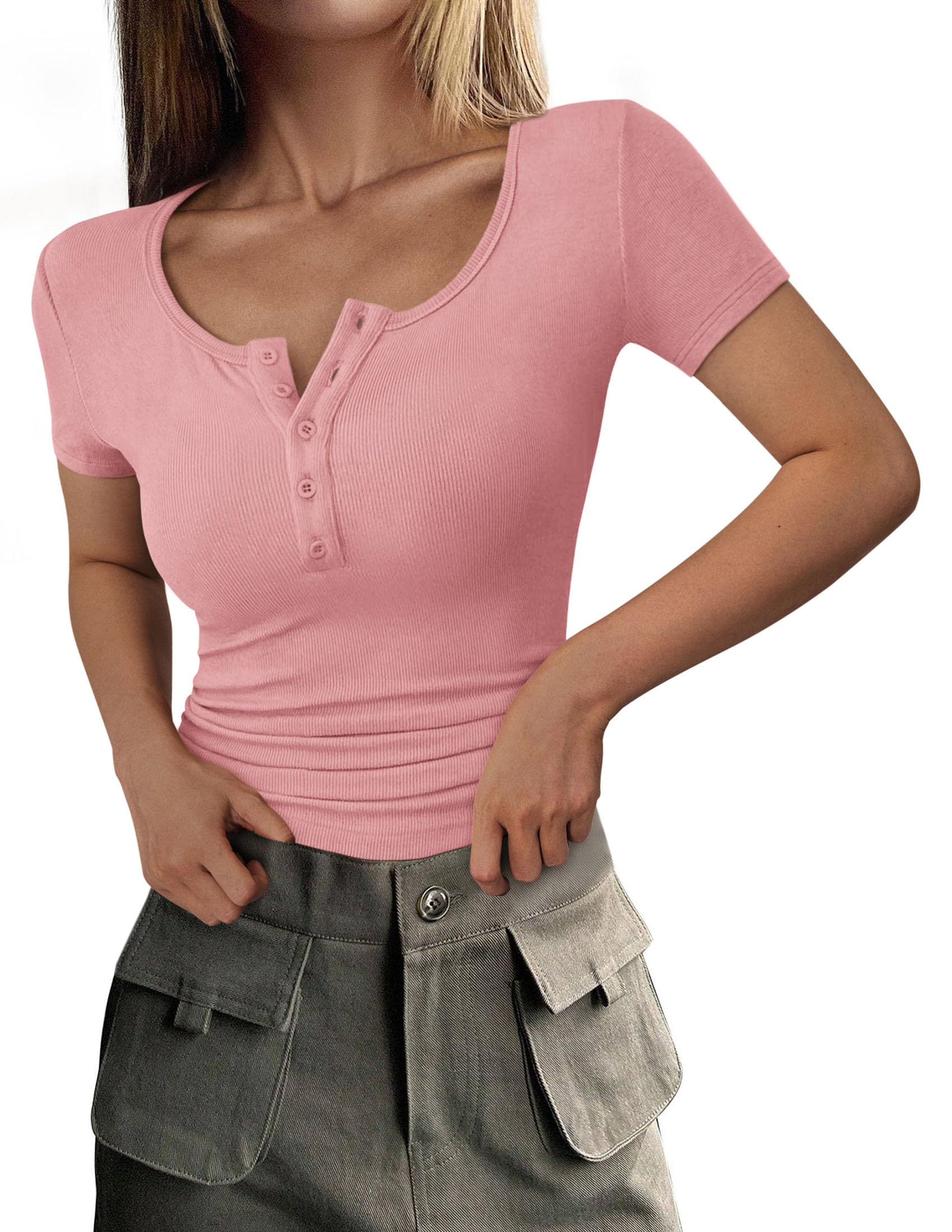 PRETTYGARDEN Women's  Fall Summer Short Sleeve Tops Ribbed Henley Button Slim Fit Basic Casual T Shirts Blouse Clothing