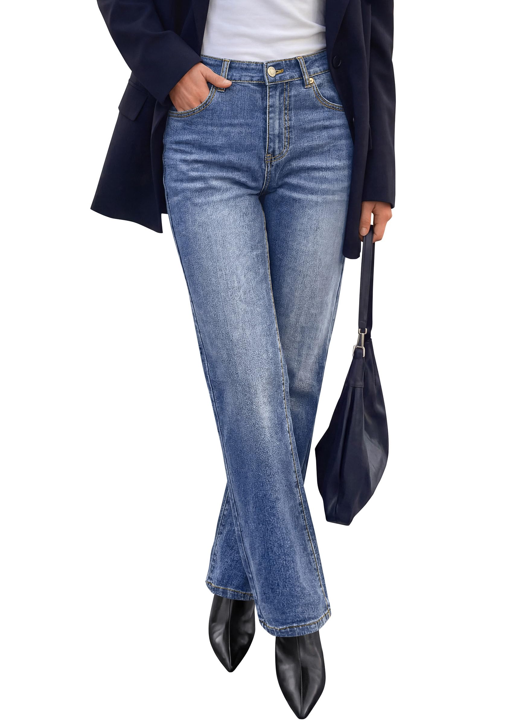 PRETTYGARDEN Womens Jeans Straight Leg Stretchy High Waist | Classic Rigid Structured Tummy Control Pants with Practical Pockets, Ideal for Business Office, Daily Casual, Back to School
