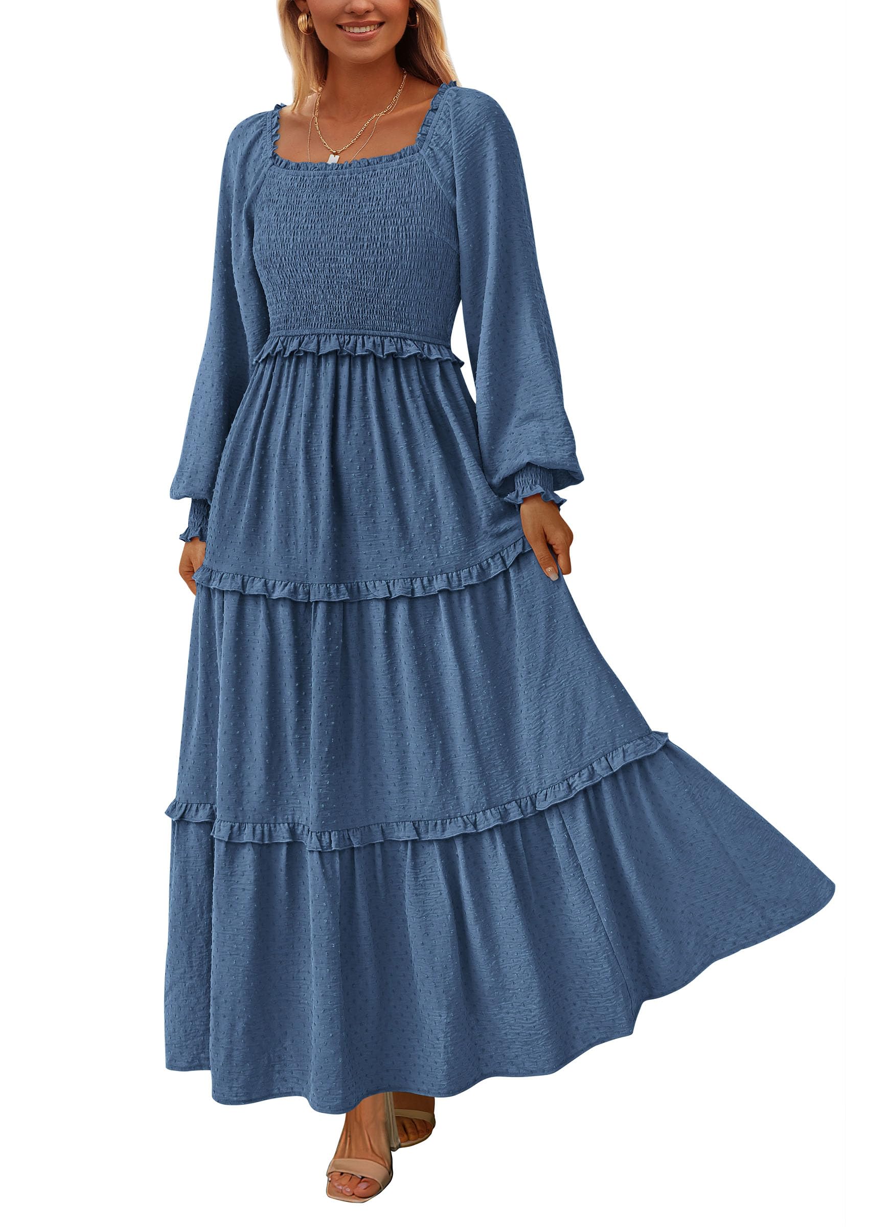 PRETTYGARDEN Fall Dresses for Women Long Sleeve Smocked Square Neck Swiss Dot Tiered Flowy Wedding Guest Maxi Dress