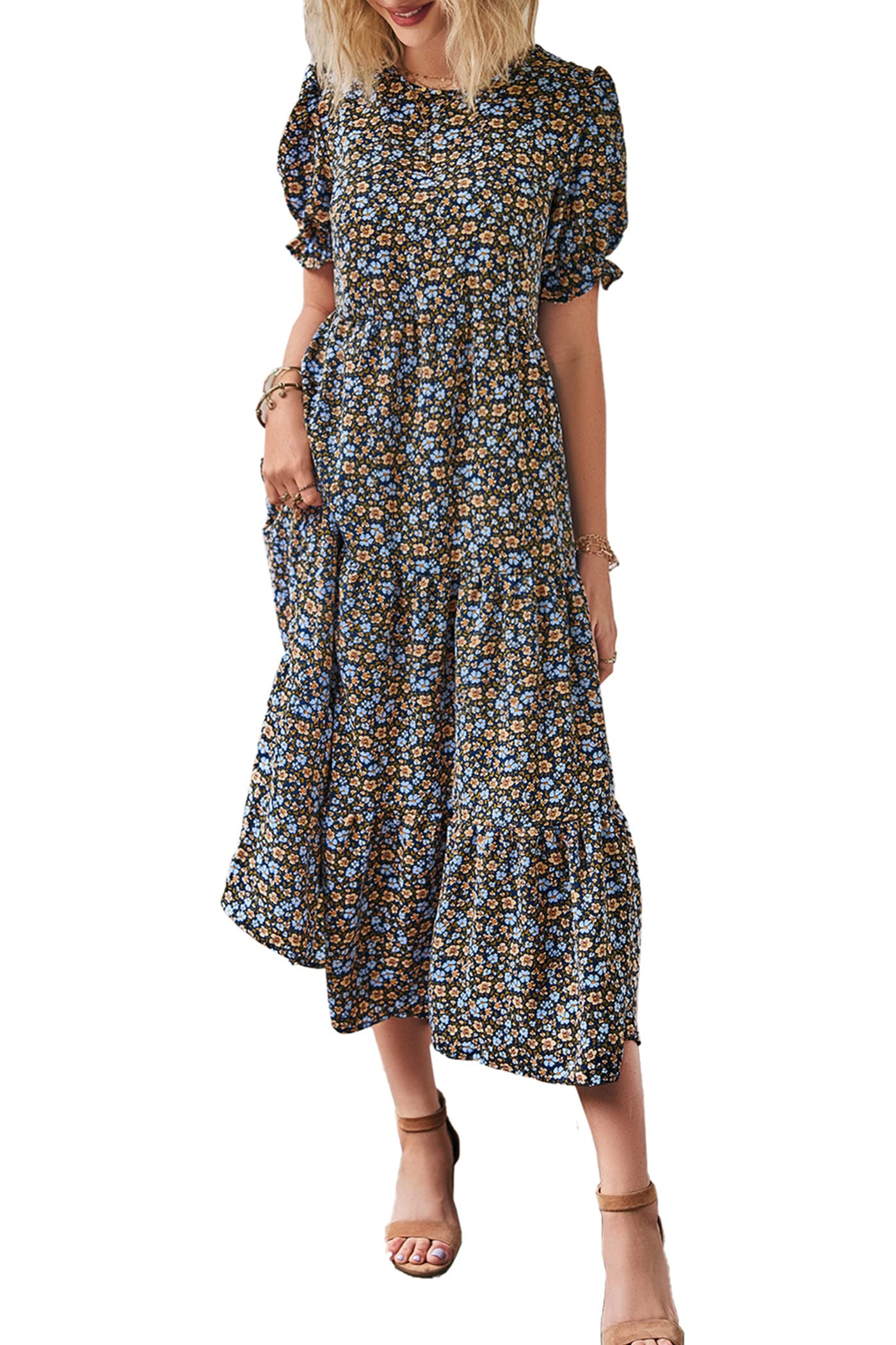 PRETTYGARDEN Summer Dresses for Women Casual Floral Boho Midi Sun Dress Puff Short Sleeve Flowy Beach Vacation Sundress