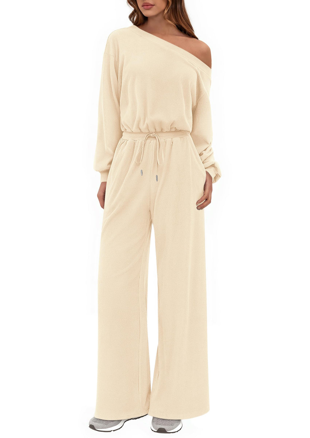 PRETTYGARDEN Long Sleeve Jumpsuit For Women Dressy Off Shoulder One Piece Loose Wide Leg Jumpsuits Casual Flowy Romper