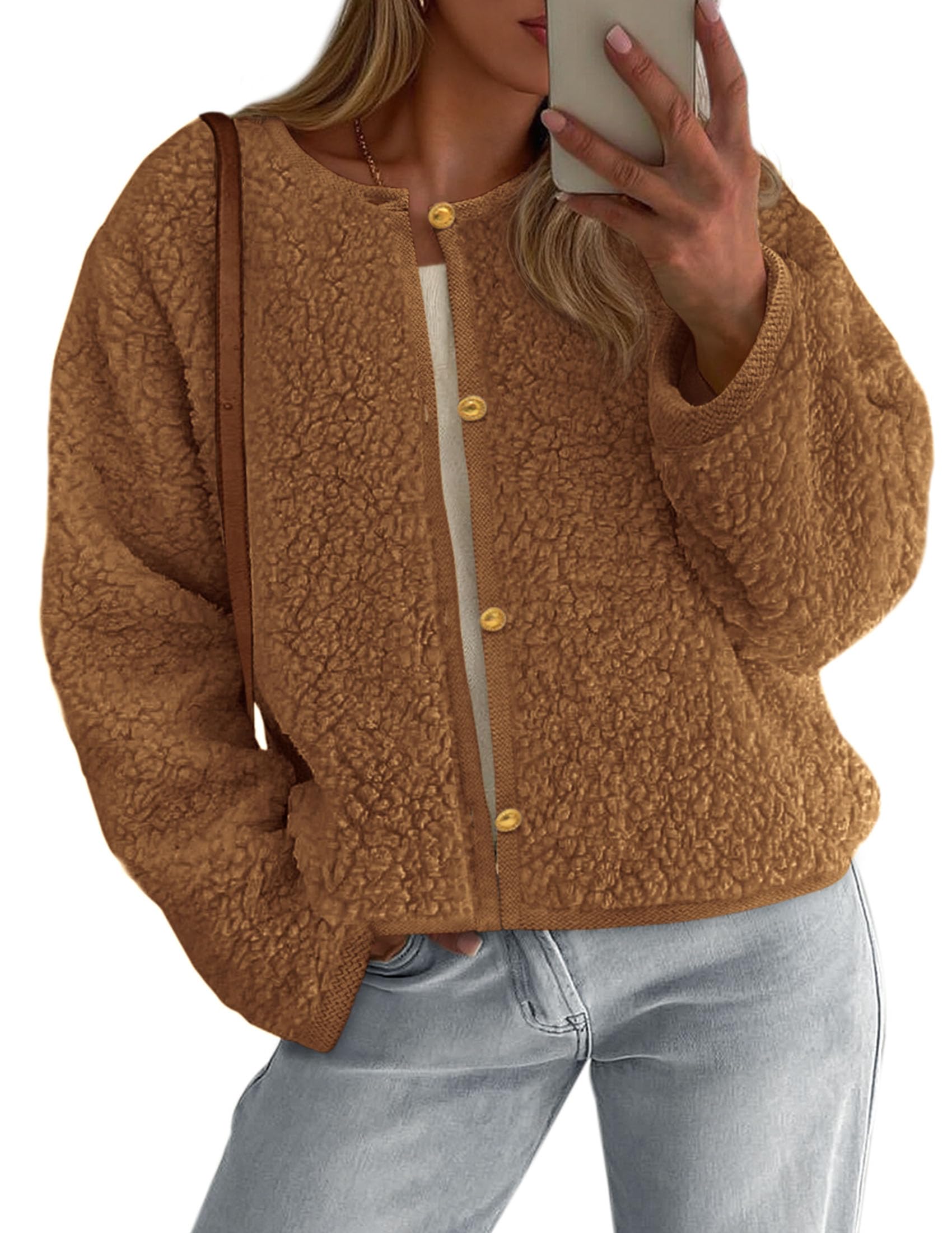 PRETTYGARDEN Women's Fall Fashion Clothes Trendy Fleece Sherpa Cropped Jackets Buttons Warm Casual Winter Faux Fur Coats