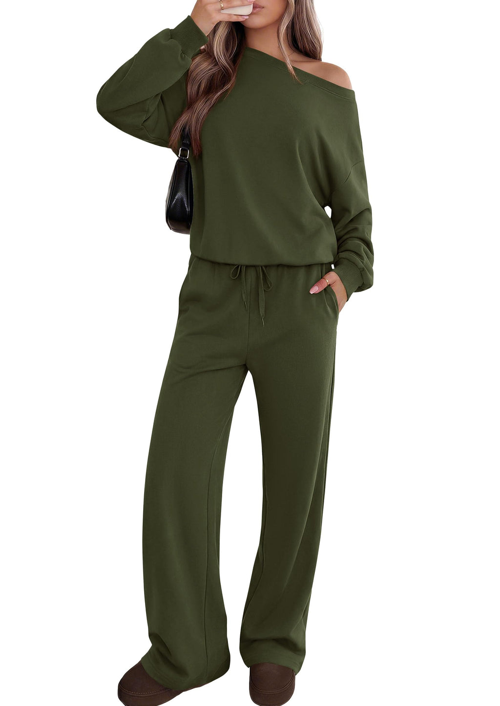 PRETTYGARDEN Womens 2 Piece Casual Matching Lounge Sets Fashion Off the Shoulder Sweatshirt, Wide Leg Pants with Pockets, Comfy Airport Travel Outfit,Trendy Fall Set