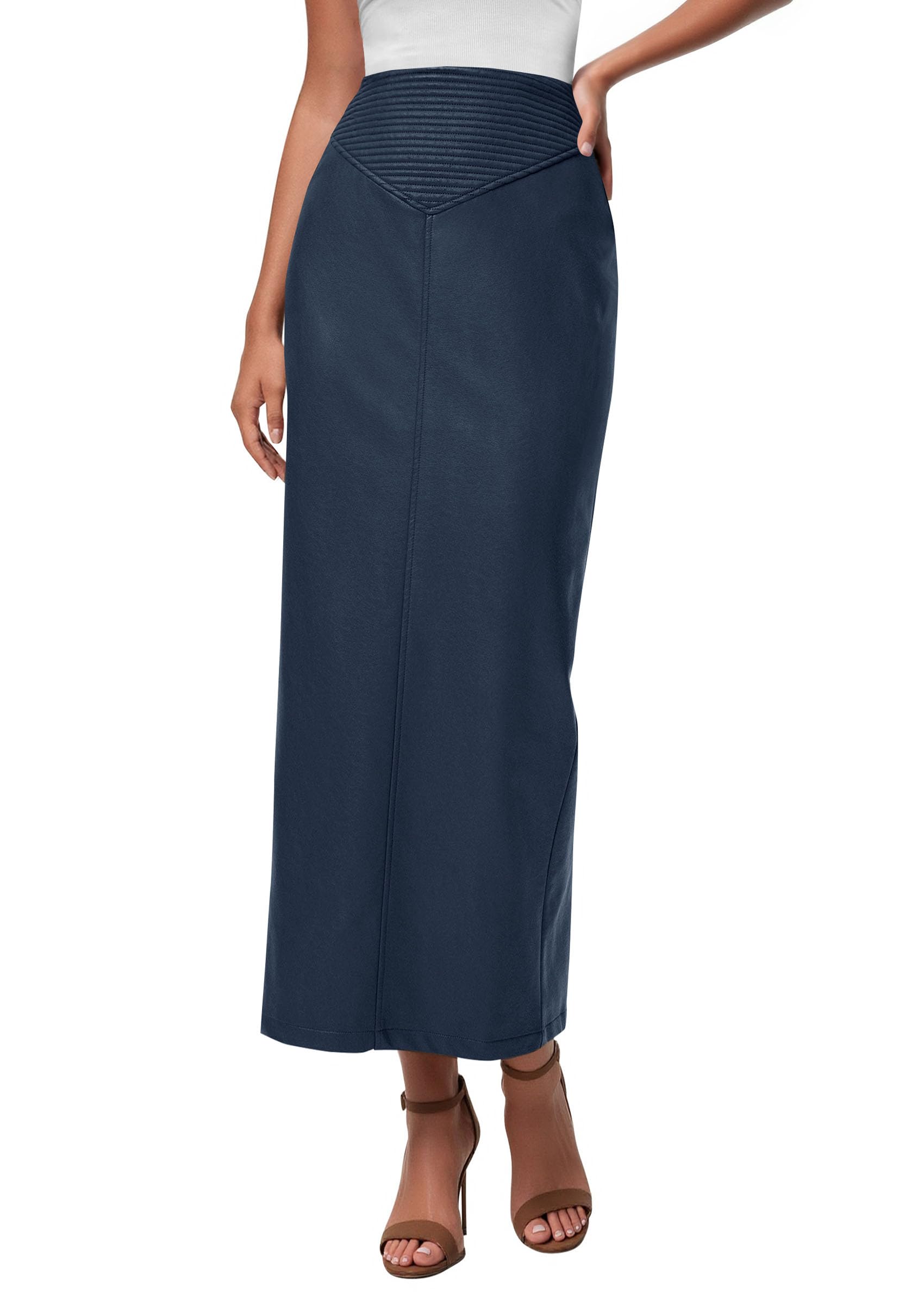 PRETTYGARDEN Long Skirts for Women Fall Fashion Clothing Faux Leather High Waist Dressy Casual Slit Pencil Maxi Skirt
