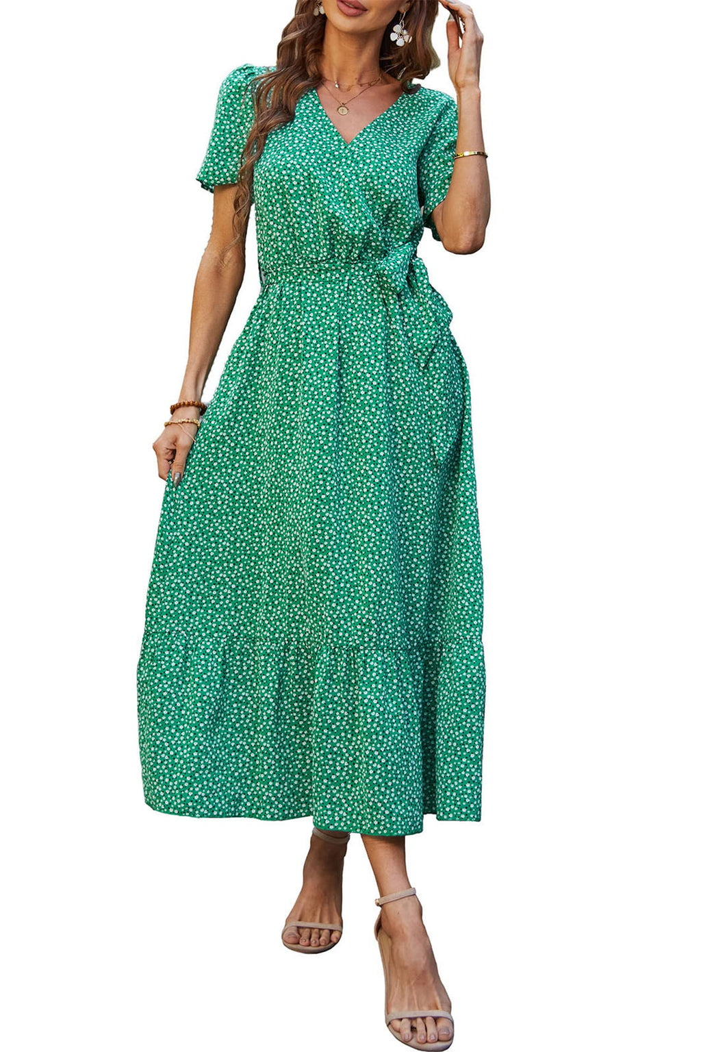 PRETTYGARDEN Women's Summer Floral Boho Maxi Dress Wrap Short Sleeve V Neck Ruffle A-Line Flowy Wedding Guest Long Dresses