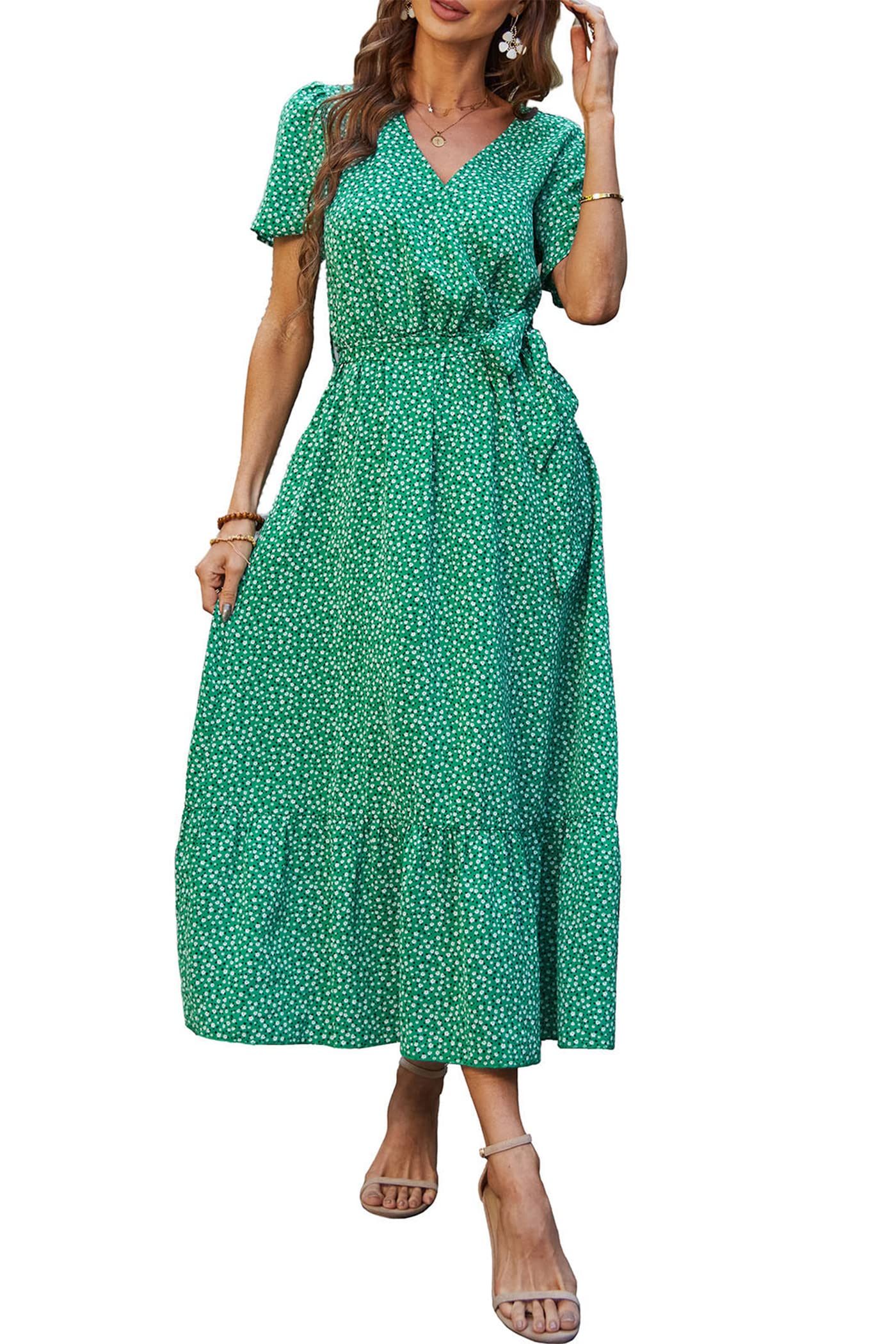 PRETTYGARDEN Women's Summer Floral Boho Maxi Dress Wrap Short Sleeve V Neck Ruffle A-Line Flowy Wedding Guest Long Dresses