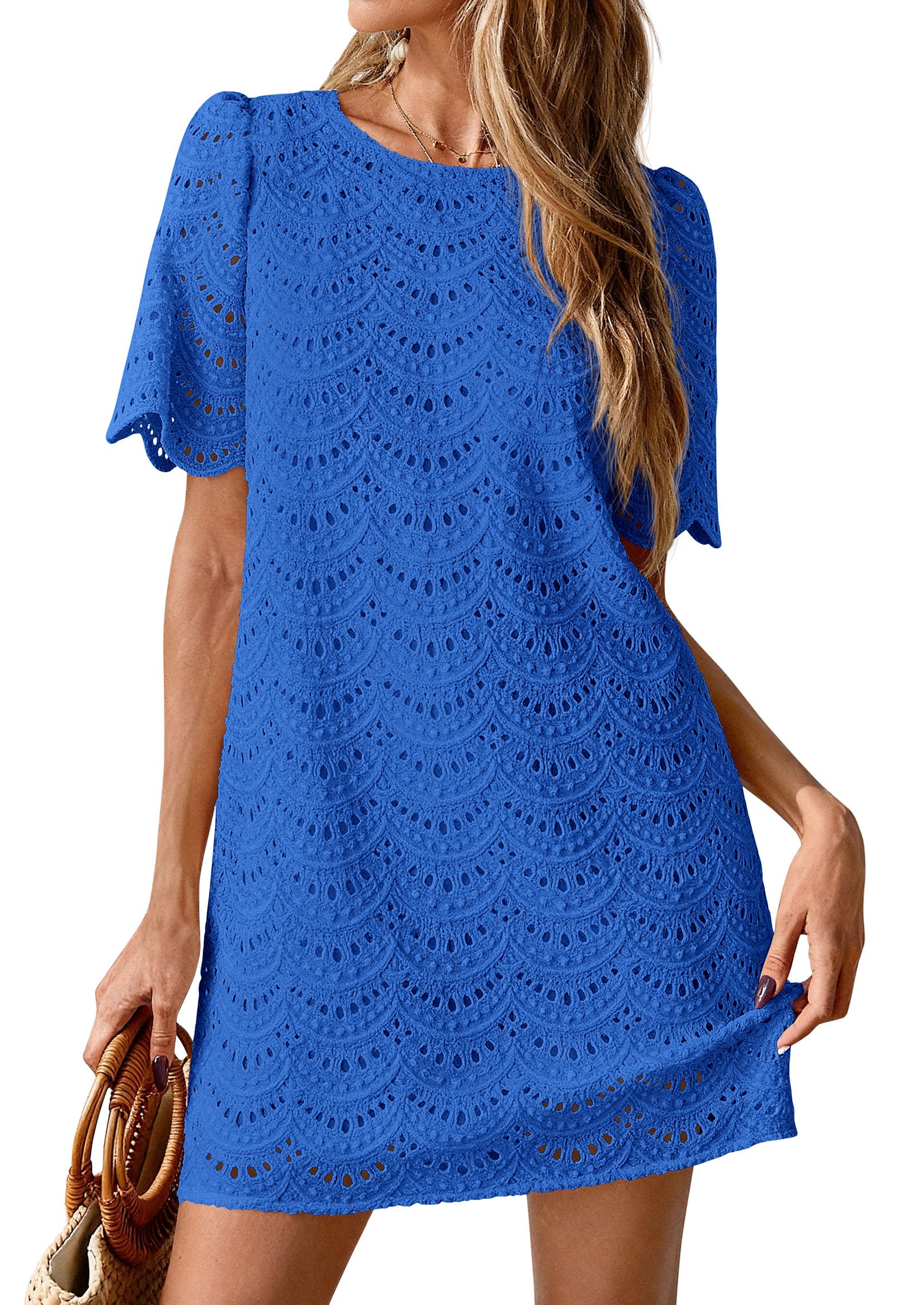 PRETTYGARDEN Women's Summer Casual Short Dresses Embroidered Lace Short Sleeve Boho Mini Dress Beach Vacation Clothes