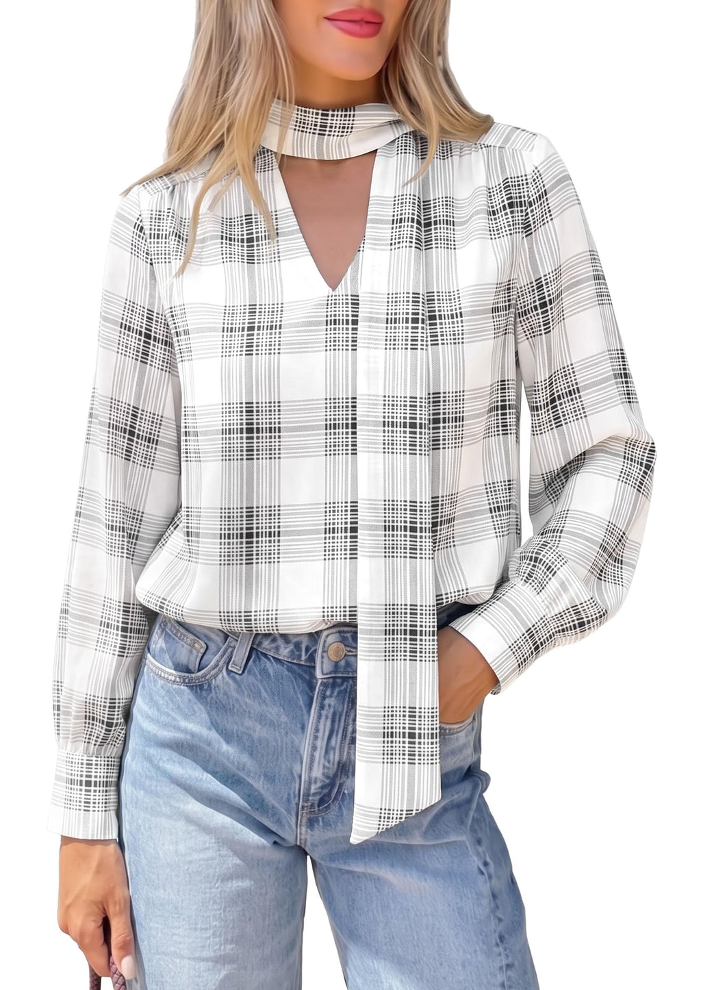 PRETTYGARDEN Women Chiffon Boho Blouses Dressy Casual Flowy Fall Tops, Long Sleeve V Neck Shirts with Tie, Elegant Date Night Outfit for Work Office, Going Out