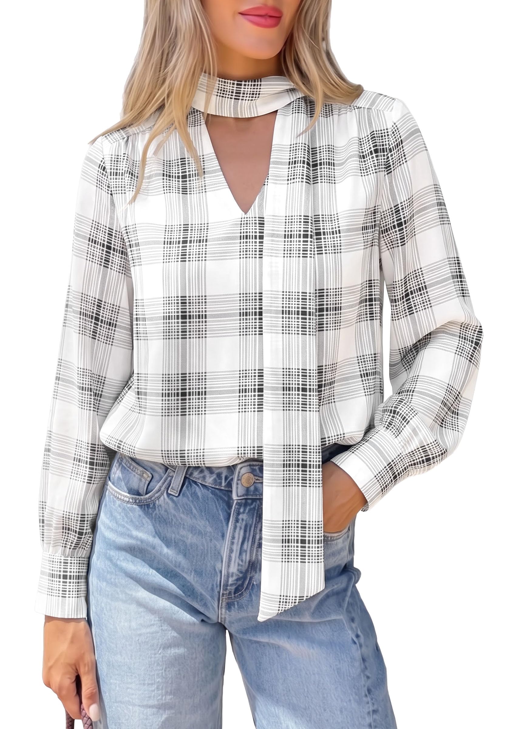 PRETTYGARDEN Women Chiffon Boho Blouses Dressy Casual Flowy Fall Tops, Long Sleeve V Neck Shirts with Tie, Elegant Date Night Outfit for Work Office, Going Out