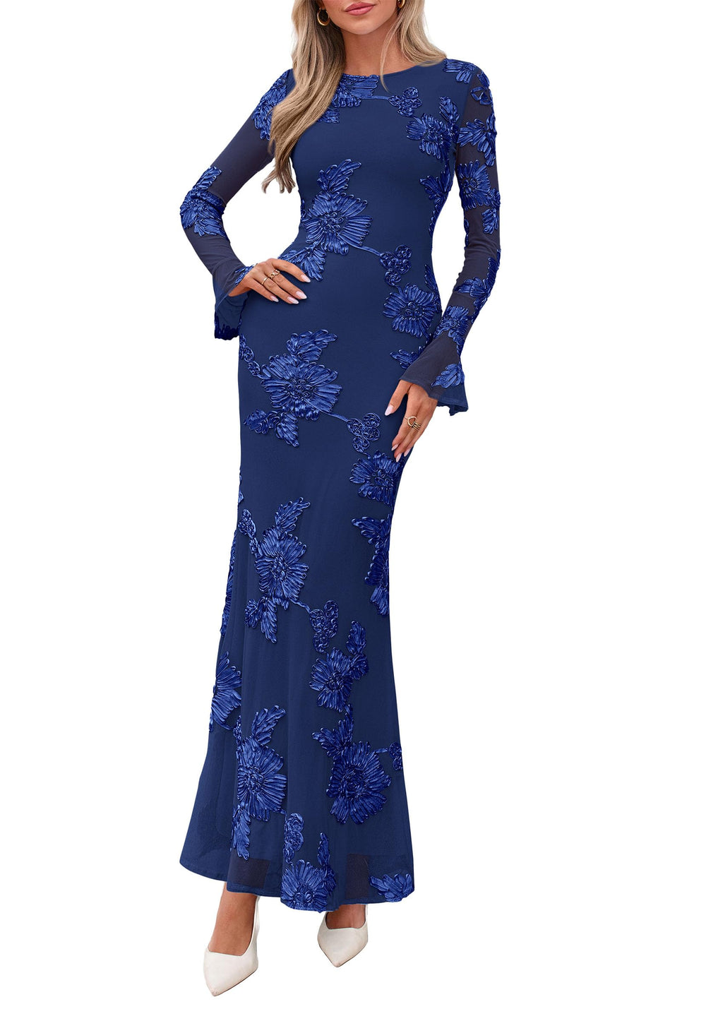PRETTYGARDEN Women's Formal Floral Maxi Bodycon Dresses Ruffle Long Sleeve, Fall Winter Outfits 2026 for Wedding Guest, Homecoming & Cocktail, Slimming Mesh Dress with Lining