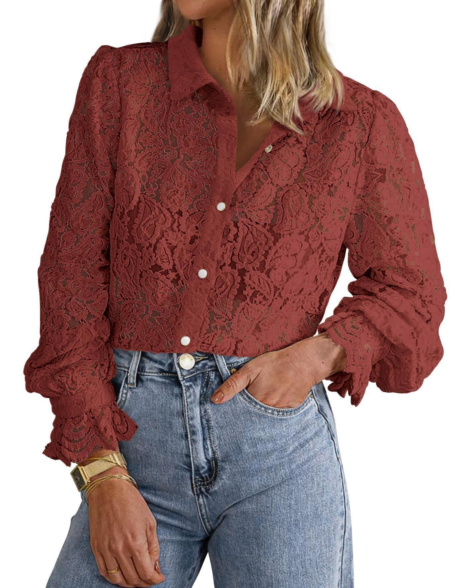 FreshPretty Long Sleeve Lace Blouses for Women Spring Dressy Casual Button Down Shirts Date Night Outfit Club Party Tops