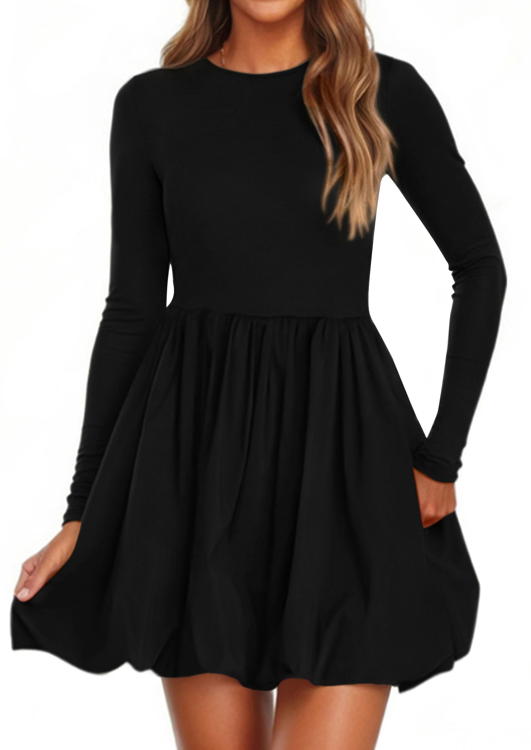PRETTYGARDEN Fall Dresses for Women Casual Long Sleeve Bubble Cute Crew Neck A Line Mini Short Dress with Pockets