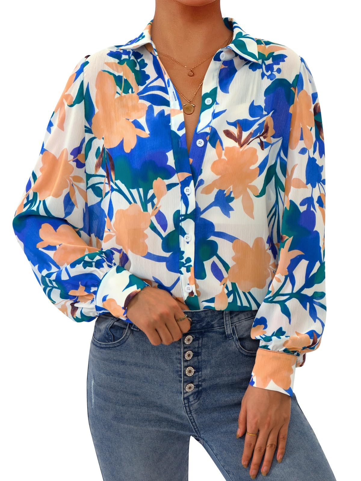 PRETTYGARDEN Women's Floral Blouses Dressy Casual V Neck Button Down Shirts Lantern Long Sleeve Boho Chiffon Spring Tops