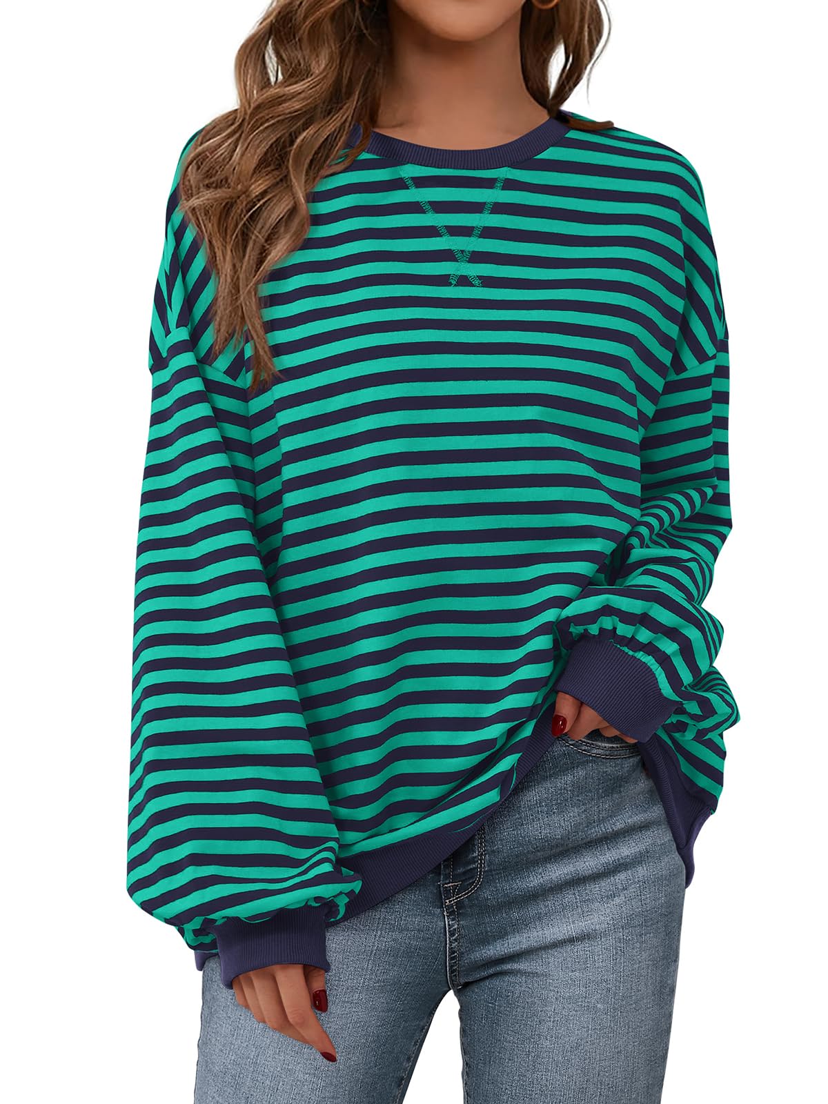 PRETTYGARDEN Womens Striped Oversized Sweatshirt Color Block Crew Neck Long Sleeve Casual Loose Pullover Top Y2K Clothes