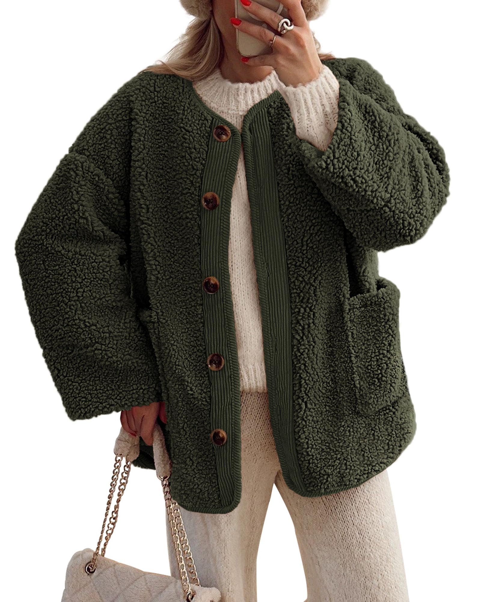 PRETTYGARDEN Women's Winter Coats Long Sleeve Button up Fuzzy Sherpa Fleece Jackets Outerwear Fall Fashion Clothes