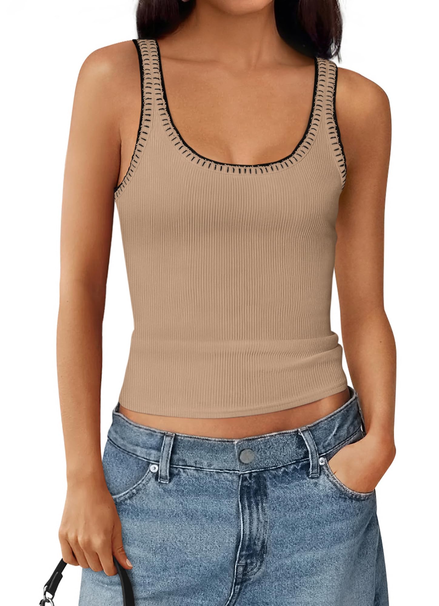 FreshPretty Sleeveless Tops for Women Summer Scoop Neck Tank Stitch Ribbed Knit Sweater Vest Casual Beach Vacation Outfit