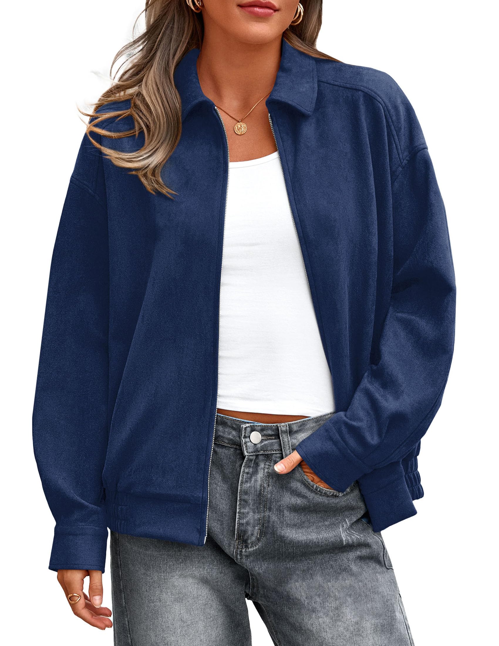 PRETTYGARDEN Faux Suede Bomber Jacket Women Fall Fashion Casual Zip Up Oversized Trendy Winter Clothing Outerwear Coats