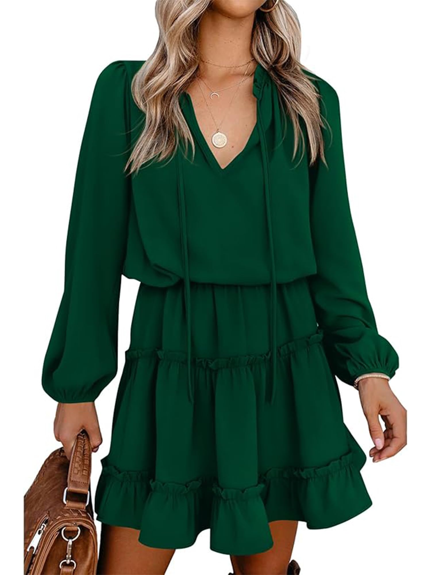 BTFBM Long Sleeve Summer Dresses for Women Casual Tie Neck Ruffle Tiered A Line Mini Spring Wedding Guest Dress