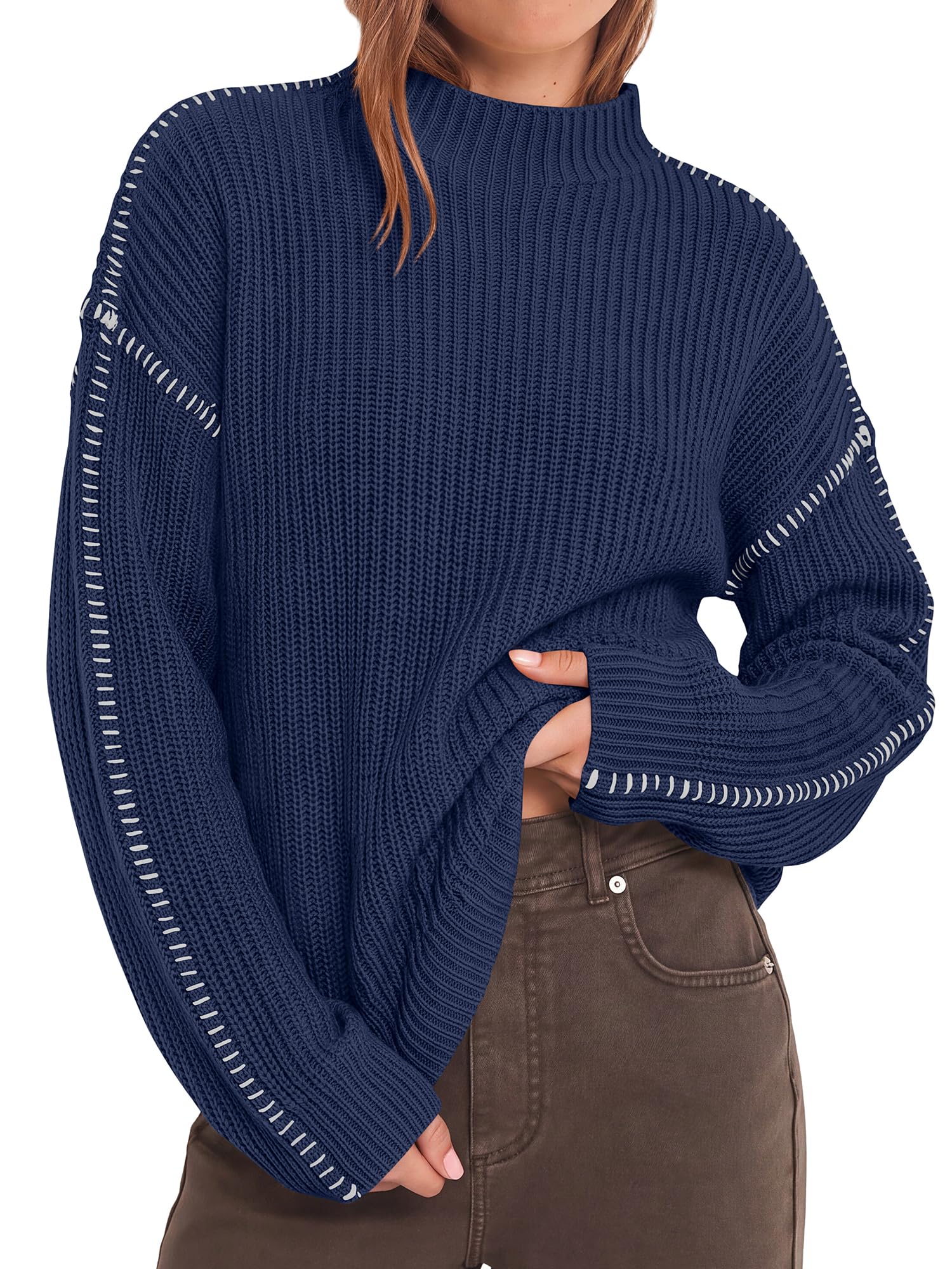 "BTFBM Womens Oversized Sweaters Contrast Chunky Knit Sweater Loose Fit Mock Neck Long Sleeve Tops, Soft Cozy Knitwear, Fall Fashion 2026, Casual Winter Clothing, Daily Going Out Outfits"