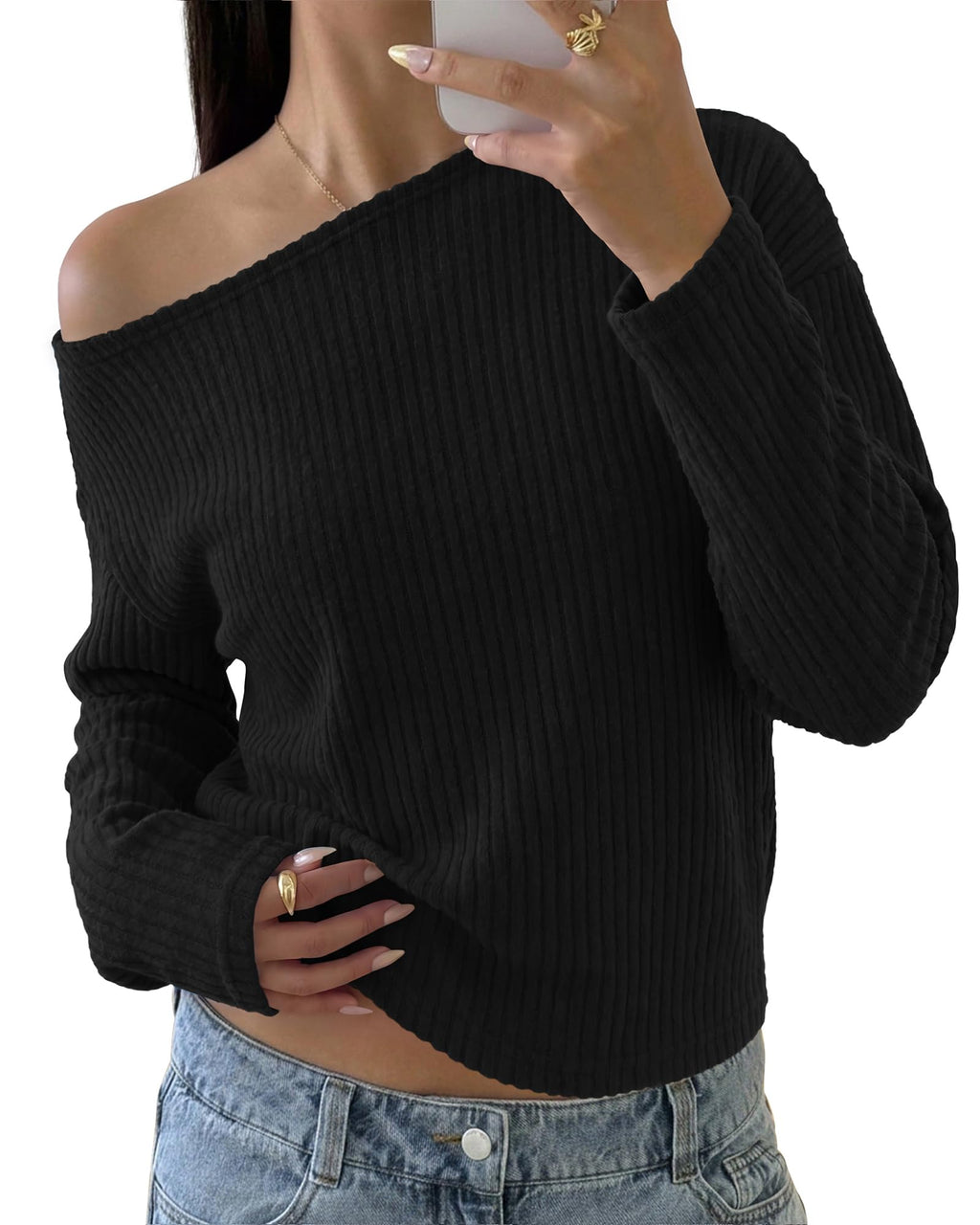 FreshPretty Womens Off The Shoulder Sweater Rib Asymmetrical Tops,Long Sleeve Knit Pullover Sweaters,Cute Fitted Y2K Jumper Top,Soft Casual Tee Shirts,Fall Fashion Going Out Outfits