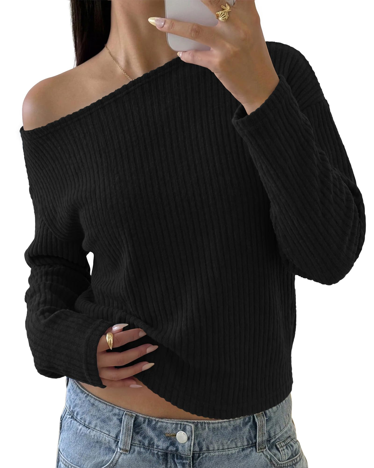 FreshPretty Womens Off The Shoulder Sweater Rib Asymmetrical Tops,Long Sleeve Knit Pullover Sweaters,Cute Fitted Y2K Jumper Top,Soft Casual Tee Shirts,Fall Fashion Going Out Outfits