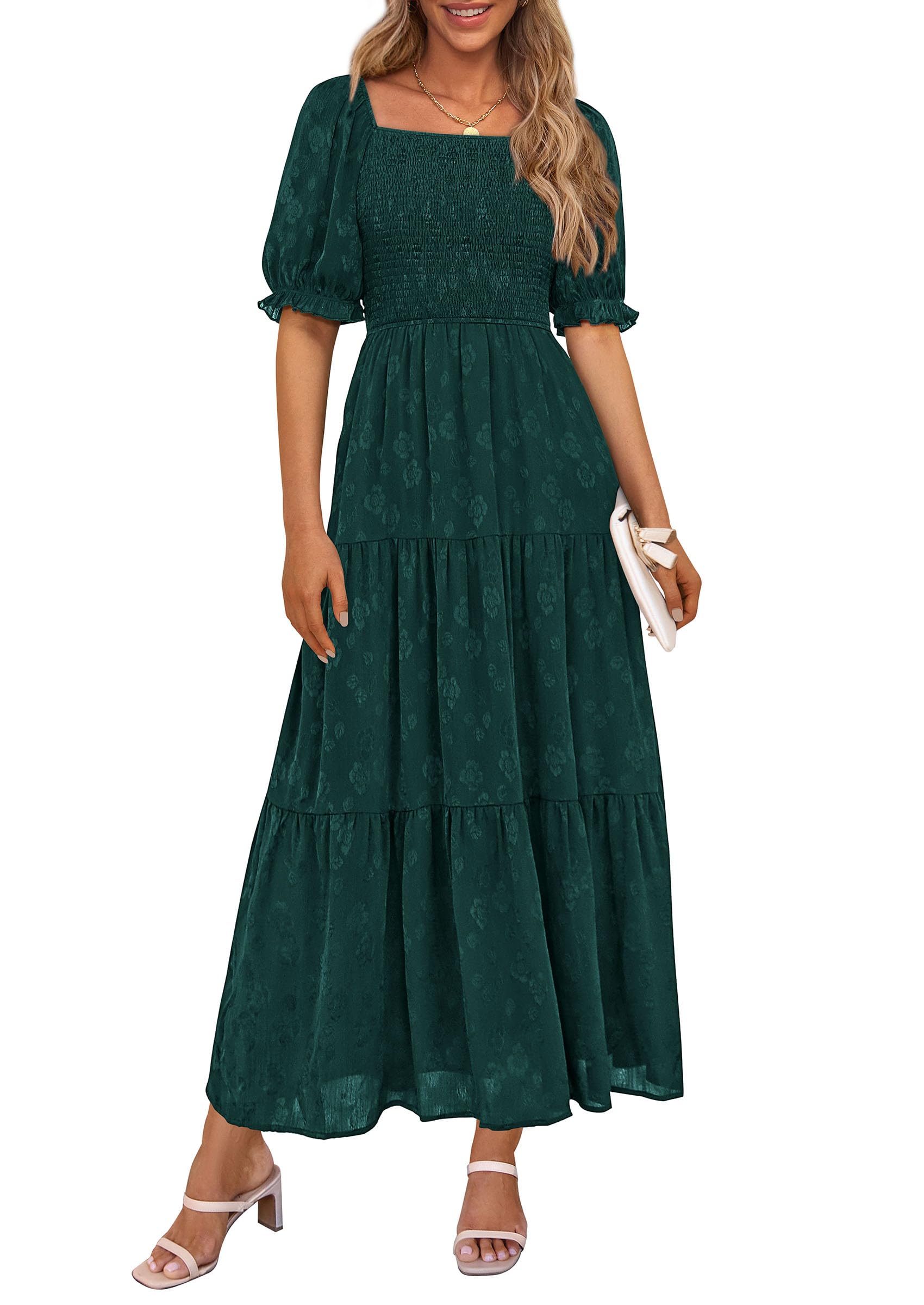 PRETTYGARDEN Women's Summer Casual Midi Dresses Square Neck Short Sleeve Smocked A Line Floral Flowy Elegant Boho Dress