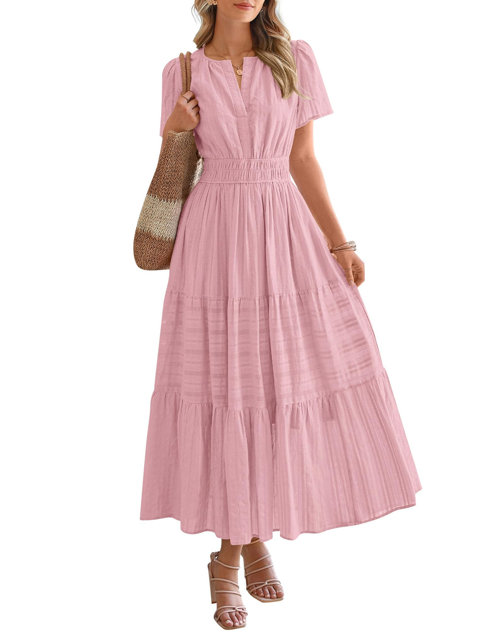 FreshPretty Womens Summer Casual Midi Maxi Dresses Lightweight Short Sleeve V Neck Elastic Waist Boho Beach Dress Pockets