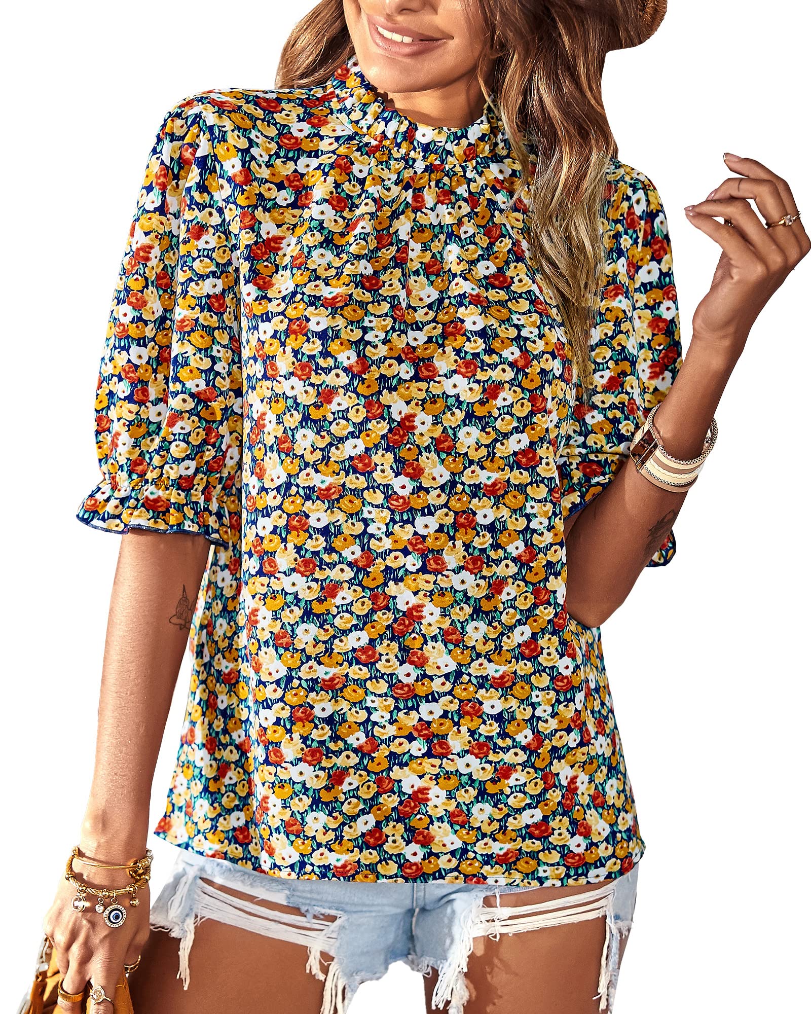 FreshPretty Women's Dressy Casual Blouses Business Work Tops Lace Trim Short Sleeve Office Shirts Summer Spring Outfits