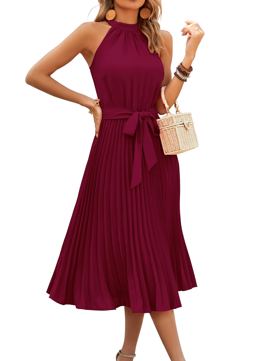 FreshPretty Women's Summer Sleeveless Halter Neck Pleated Midi Cocktail Dresses A Line Flowy Beach Sun Dress with Belt