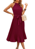FreshPretty Women's Summer Sleeveless Halter Neck Pleated Midi Cocktail Dresses A Line Flowy Beach Sun Dress with Belt