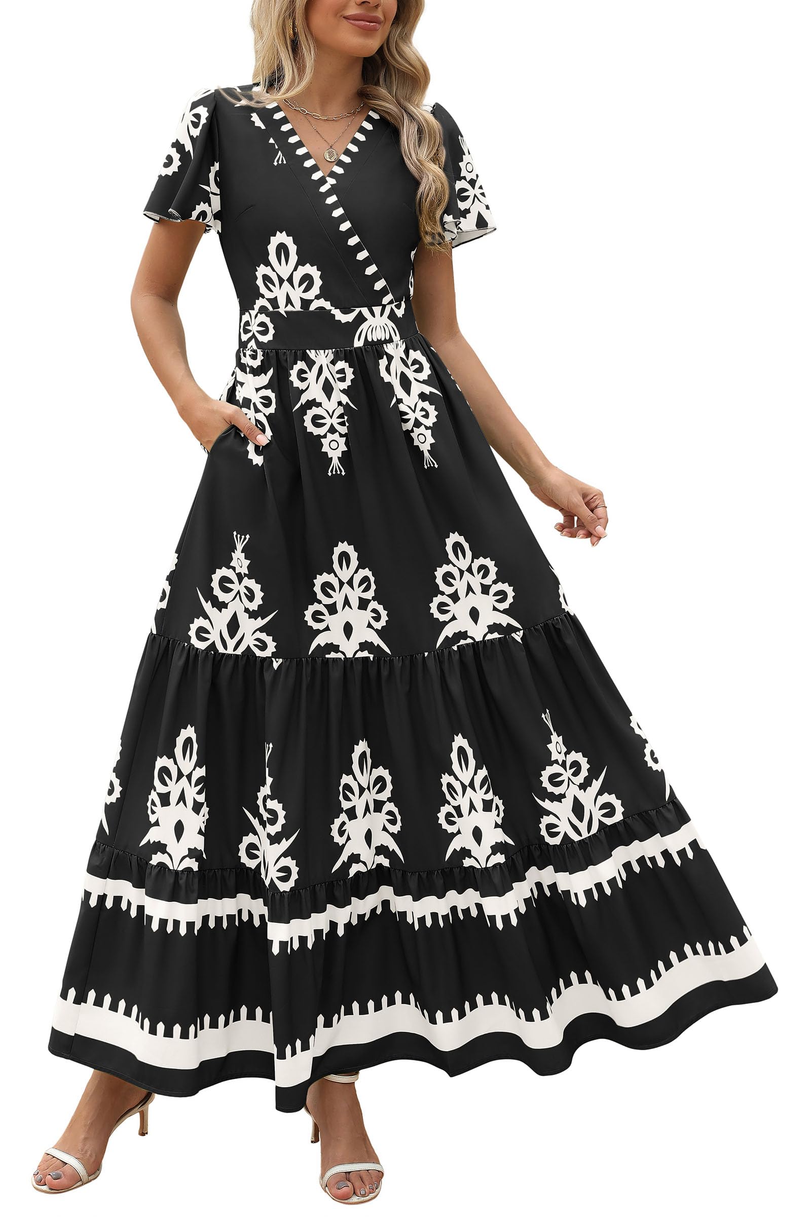 PRETTYGARDEN Womens Summer Casual V Neck Boho Maxi Dress Flowy Aline Bell Sleeve Tiered Floral Dresses with Pocket