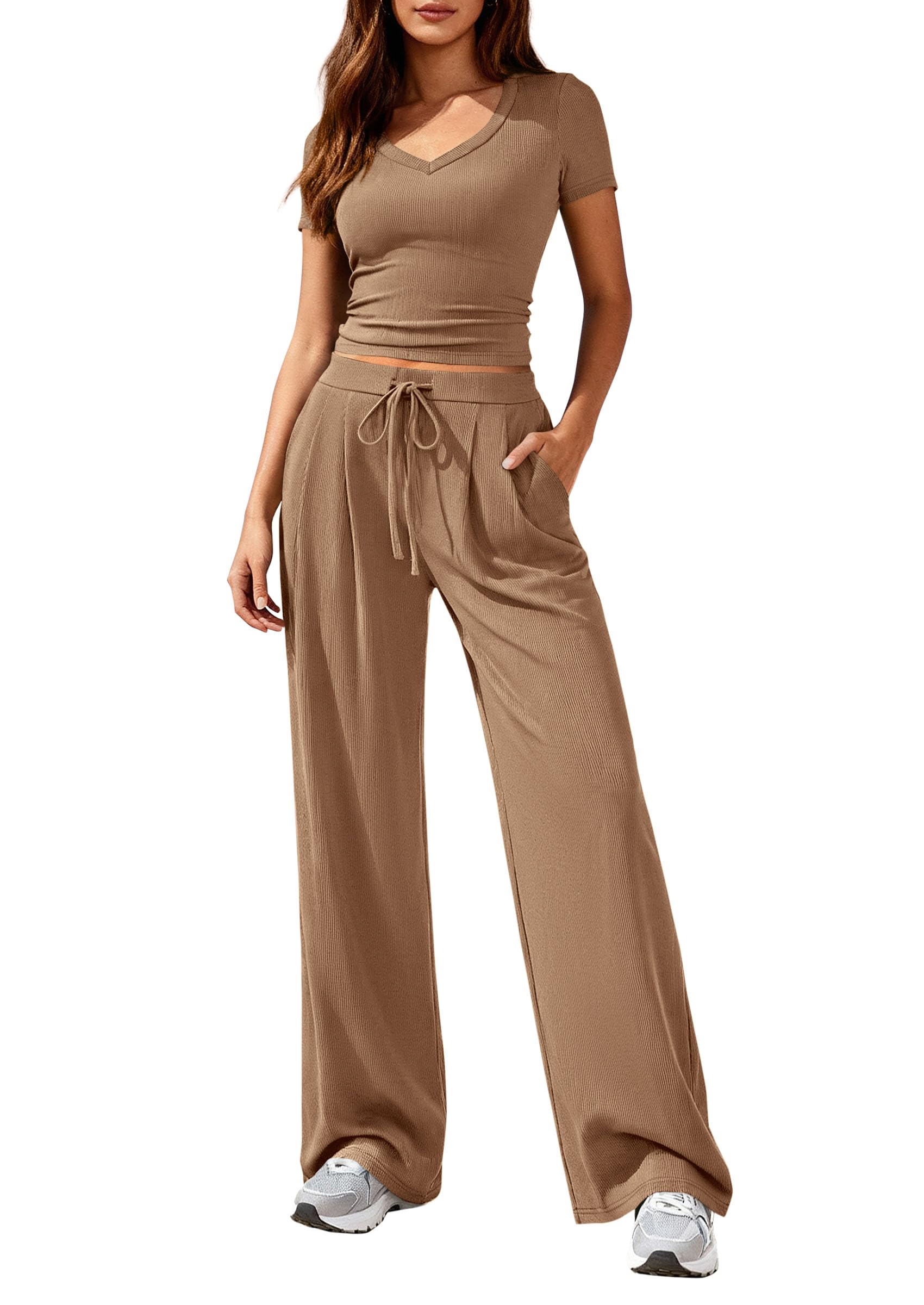 PRETTYGARDEN 2 Piece Sets for Women Summer Spring Lounge Set Matching V Neck Tops Wide Leg Pants Airport Travel Outfits