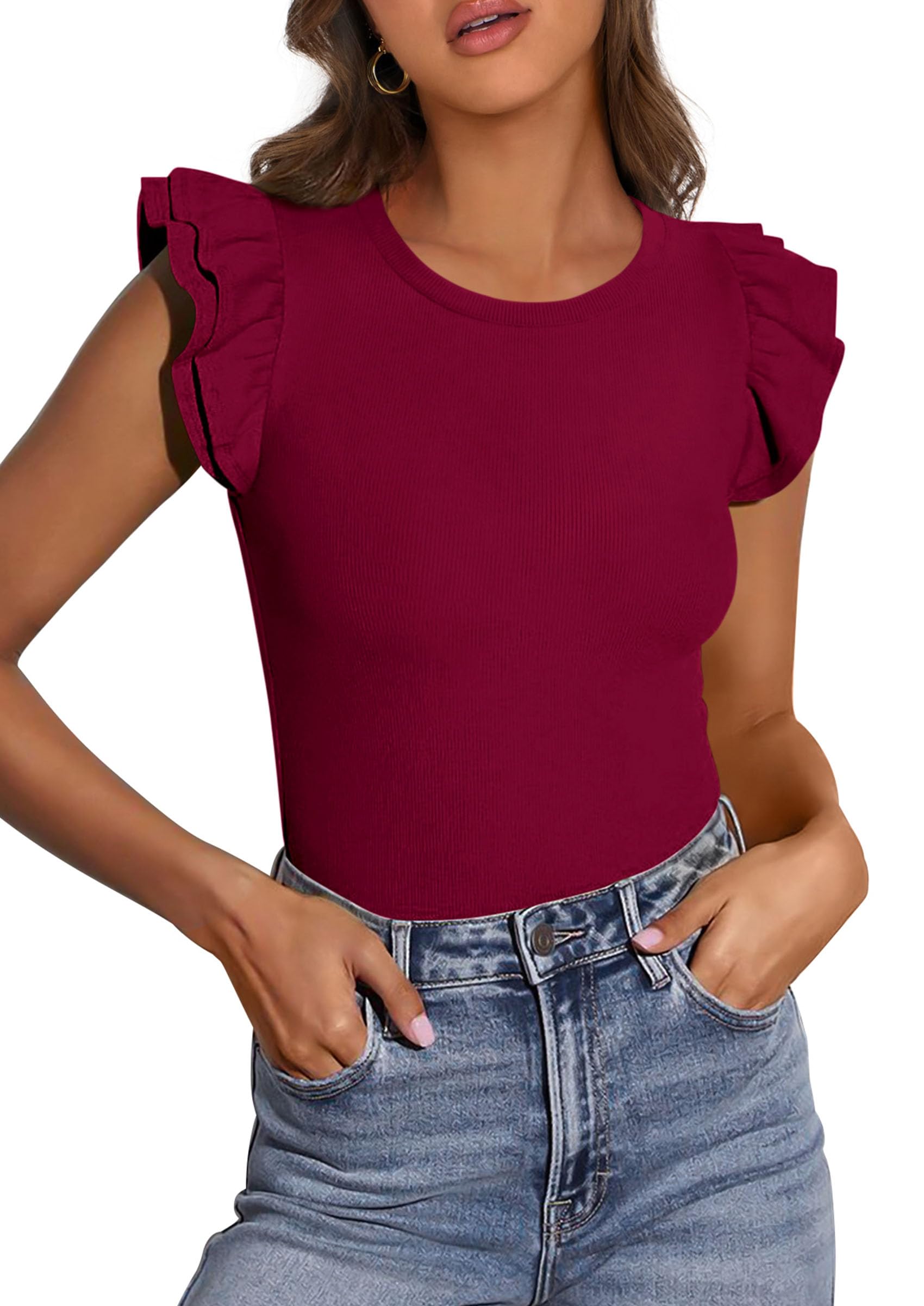 PRETTYGARDEN Womens Summer Crew Neck T Shirts Trendy Ruffle Sleeve Slim Fit Knit Going Out Tops Casual Spring Clothes