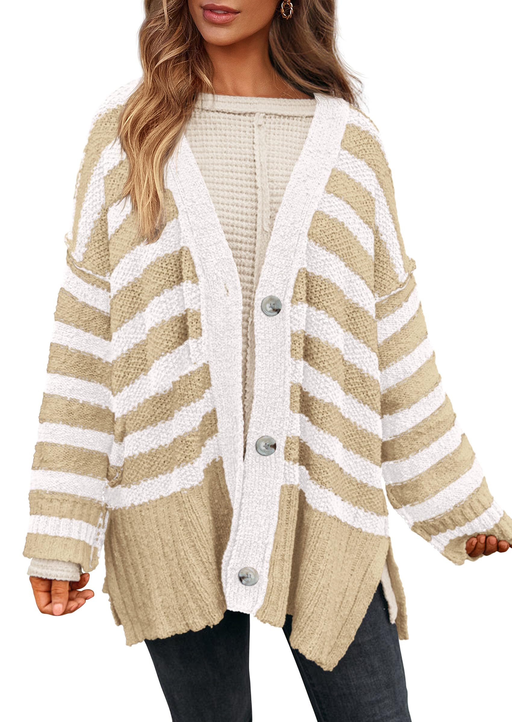 PRETTYGARDEN Women's Winter Striped Cardigan Sweaters Long Sleeve Button Down Open Front Chunky Knit Oversized Sweater Coat