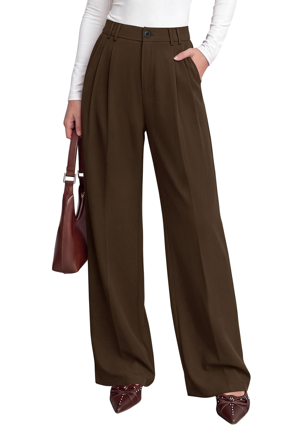 PRETTYGARDEN Women's Dress Pants Wide Leg Flowy Trousers High Waisted Palazzo Pants, Pleated Front, Side Pockets, Work Office Wear, Business Casual Outfits, Fall Fashion Clothing